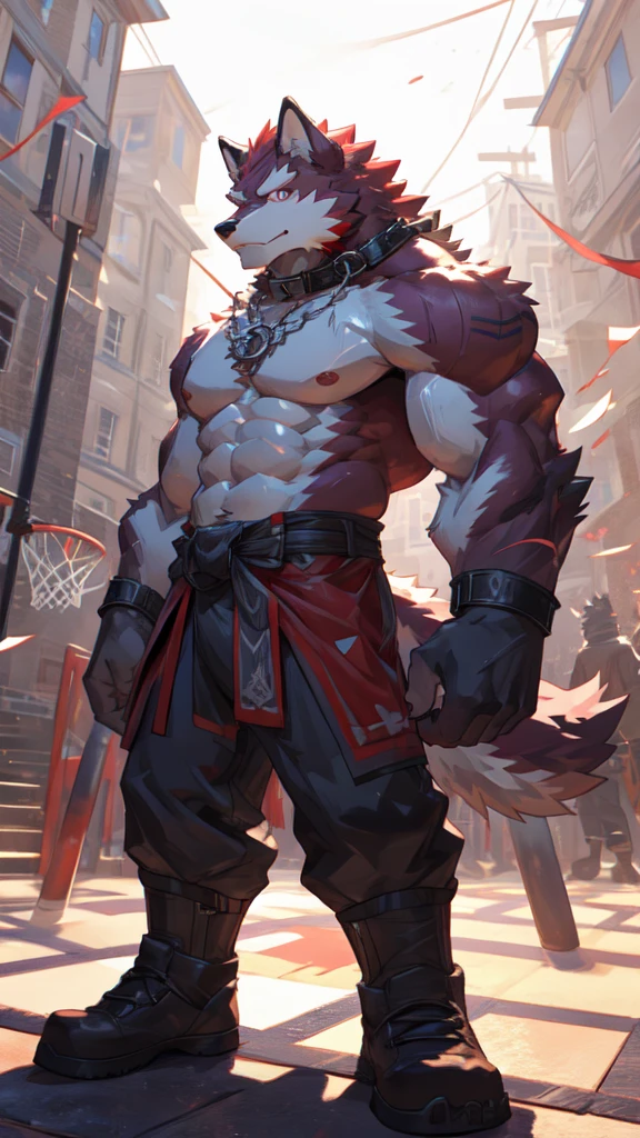 Best quality, diederich olsen (/knights college/), wolf, kemono, nj5furry, Red Fur, Red eyes, Medium Muscular Body, Solo, Cool Pose, white socks, Collar, topless, Sweat, Fierce, Smille, Scar, Grand Basketball court playground