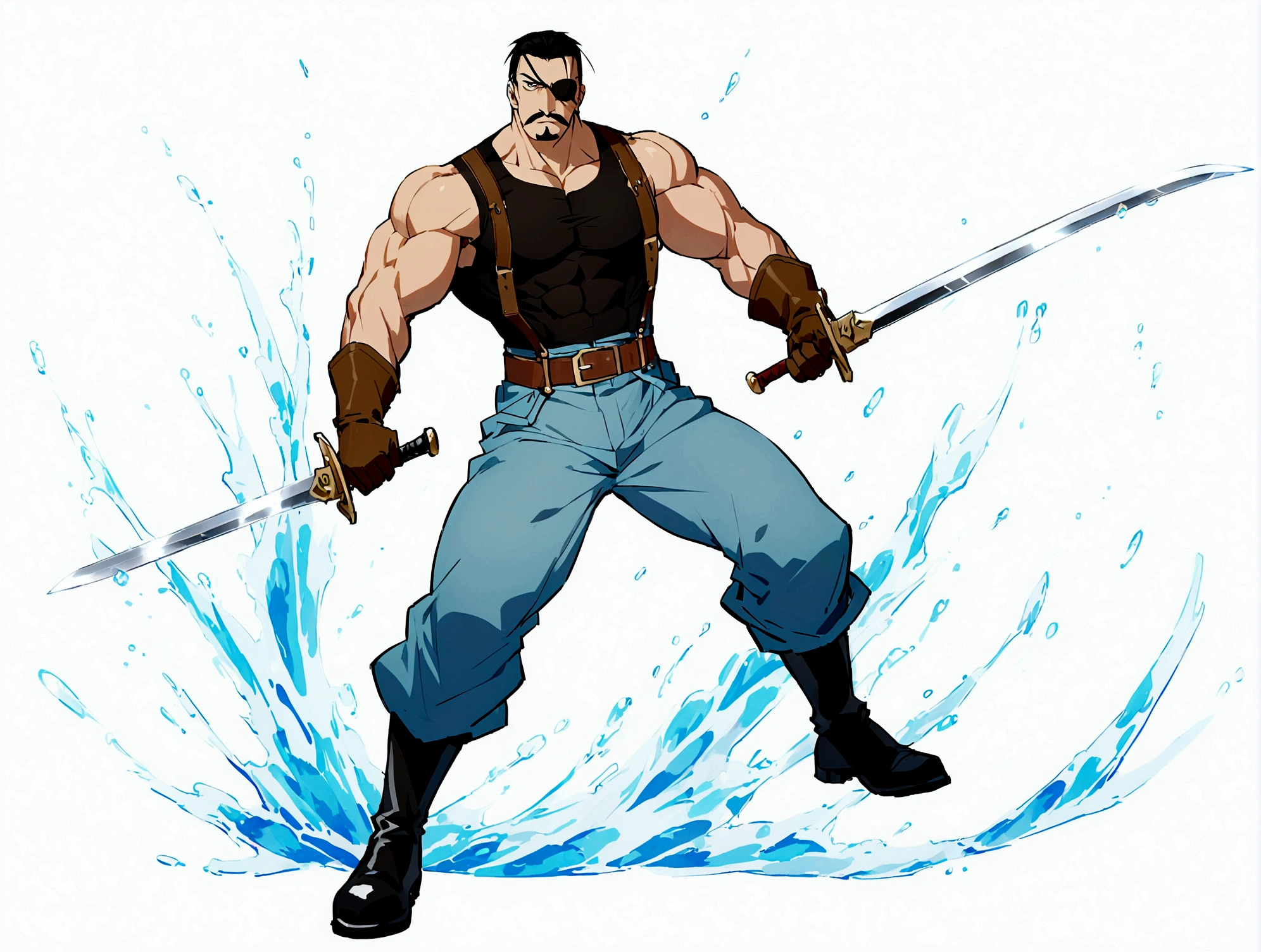 Fullmetal Alchemist,King Bradley,solo, looking at viewer, short hair, simple background, shirt, black hair, gloves, 1boy, white background, holding, full body, weapon, male focus, boots, belt, pants, sword, water, black footwear, holding weapon, black shirt, muscular, facial hair, holding sword, eyepatch, suspenders, pectorals, muscular male, brown gloves, dual wielding, mustache, blue pants, tight, covered abs