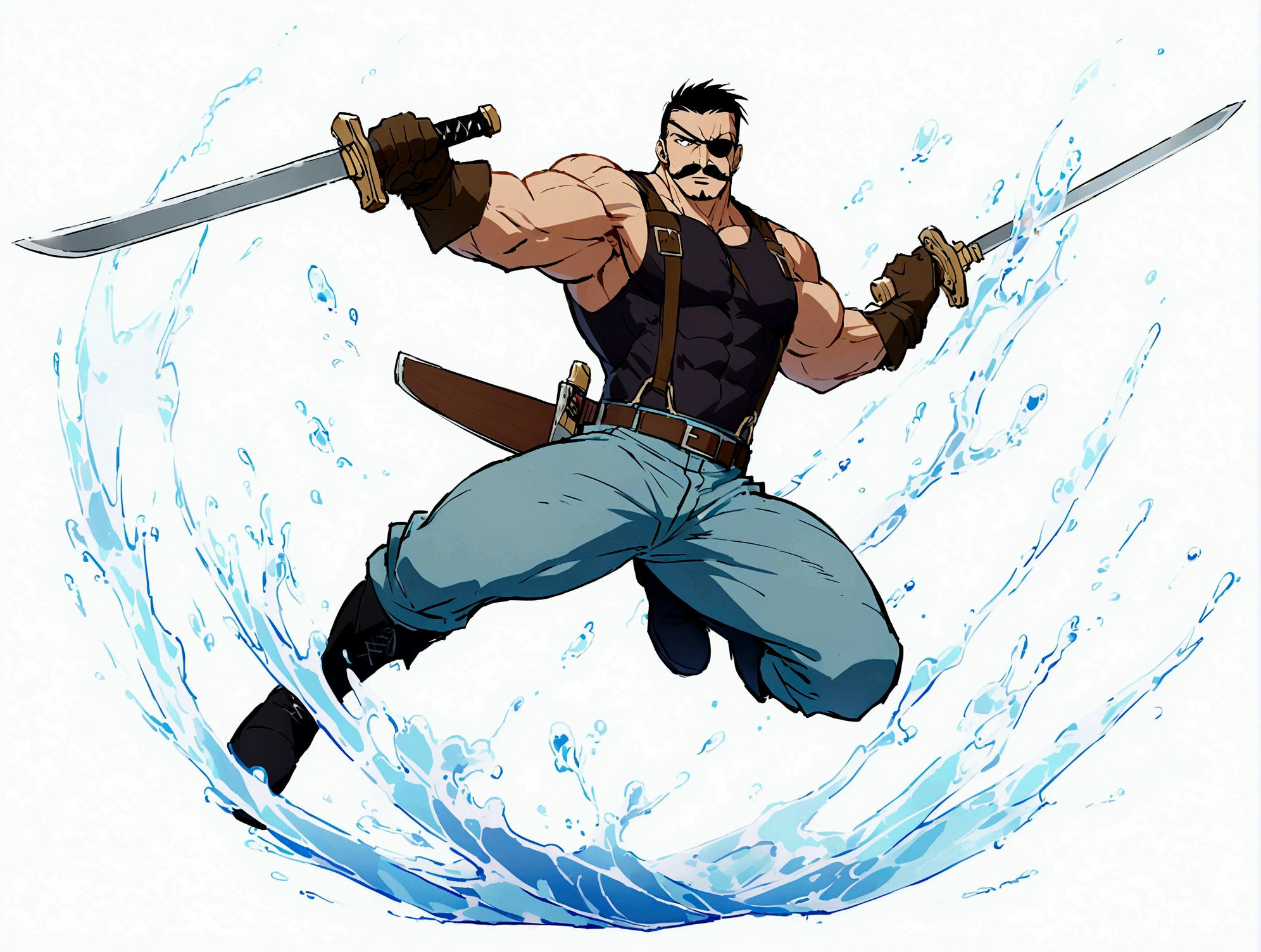 Fullmetal Alchemist,King Bradley,solo, looking at viewer, short hair, simple background, shirt, black hair, gloves, 1boy, white background, holding, full body, weapon, male focus, boots, belt, pants, sword, water, black footwear, holding weapon, black shirt, muscular, facial hair, holding sword, eyepatch, suspenders, pectorals, muscular male, brown gloves, dual wielding, mustache, blue pants, tight, covered abs