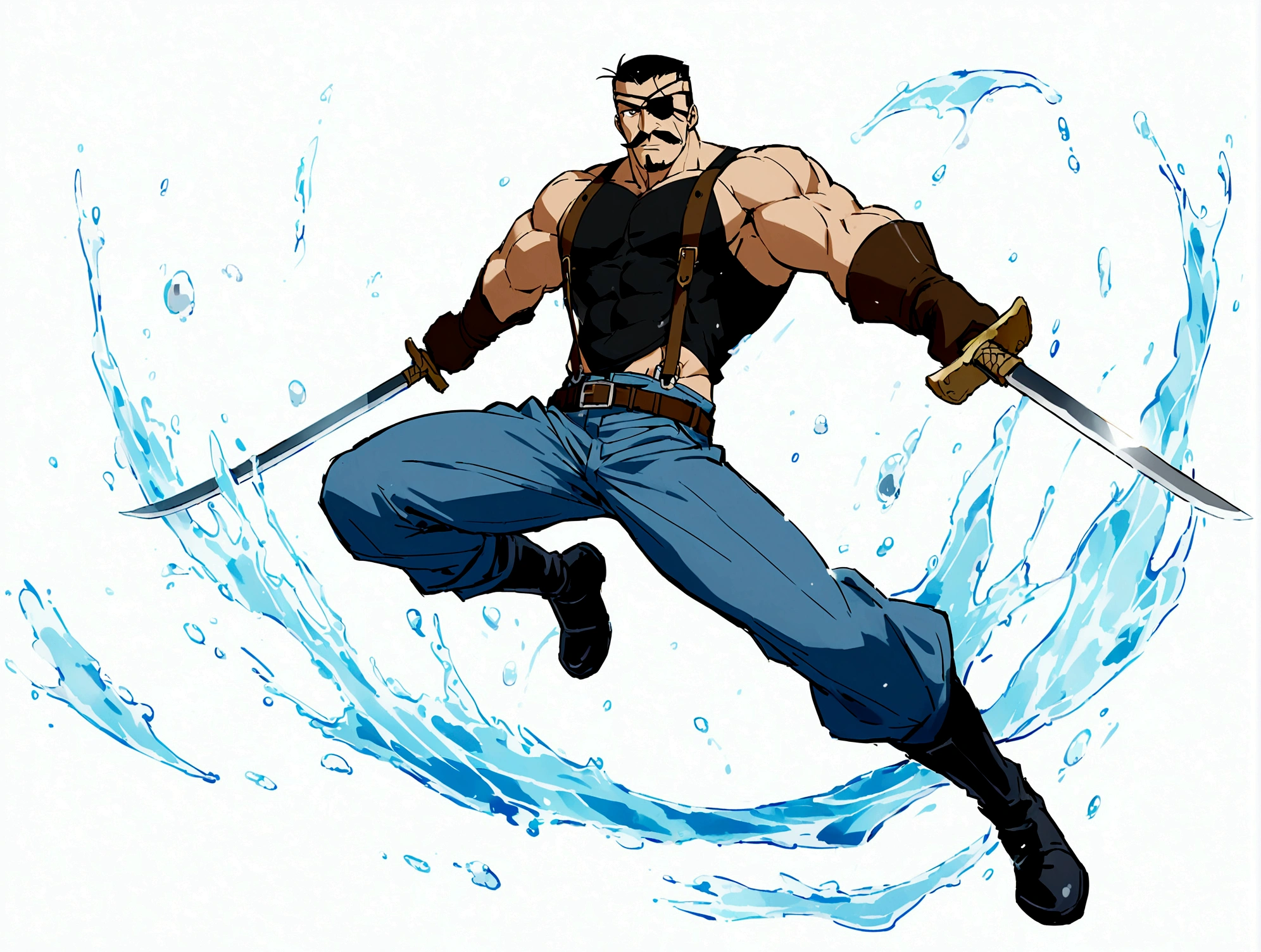 Fullmetal Alchemist,King Bradley,solo, looking at viewer, short hair, simple background, shirt, black hair, gloves, 1boy, white background, holding, full body, weapon, male focus, boots, belt, pants, sword, water, black footwear, holding weapon, black shirt, muscular, facial hair, holding sword, eyepatch, suspenders, pectorals, muscular male, brown gloves, dual wielding, mustache, blue pants, tight, covered abs