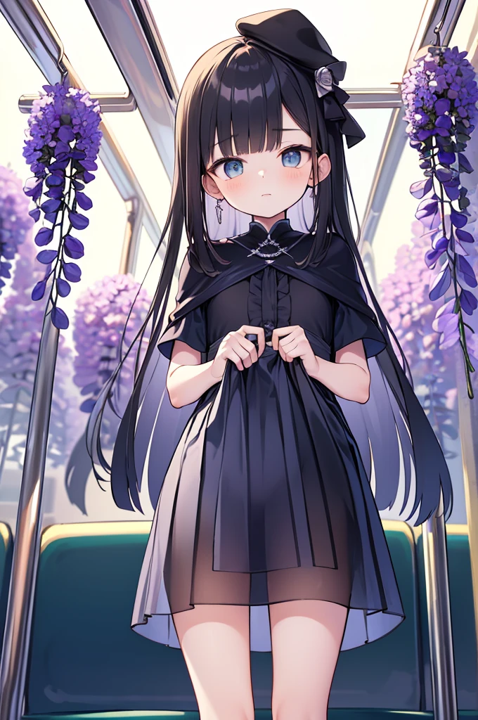 Wisteria flower, Wisteria tree, Wisteria Background, 8k ,4K , 最high quality, high quality, Masterpieces inspired by Askajean artists : Question, Art Style : Question,(((dress liftTransparent see-through skirt))),naked　NSFW　Long Hair　Black Hair　Toddler girl　5 years old　(A look at a see-through blouse)　(See through the see-through skirt)　Elementary school student, shot from below　((Standing on the train))　black school hat