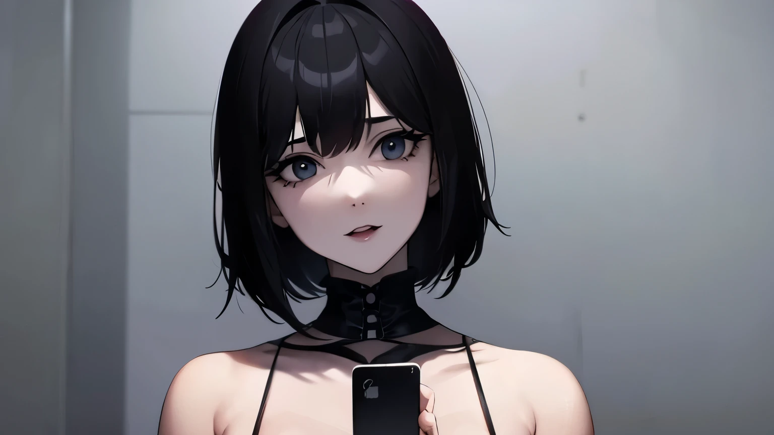 The atmosphere is dark and eerie A woman laughing eerily while staring at her smartphone screen