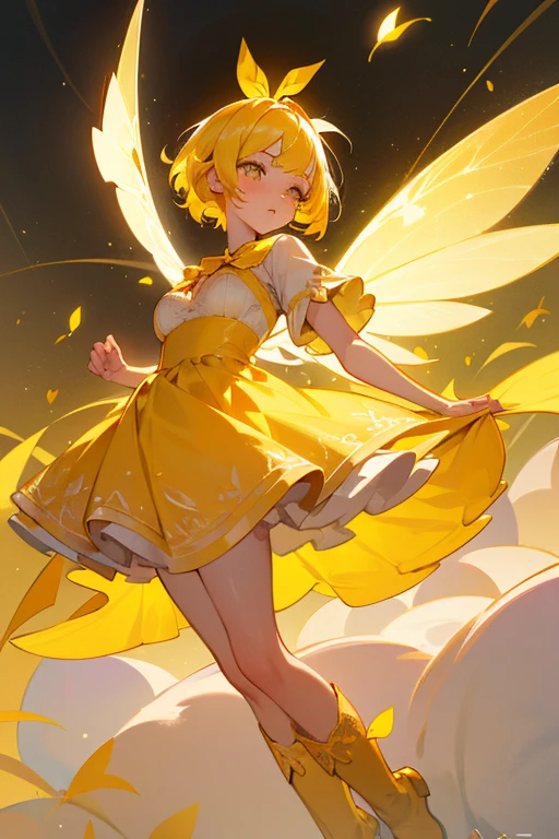 (masterpiece), best quality, expressive eyes, perfect face, fix face, full body, 1girl, fairy, 1girl, A fairy with yellow hair tied by a big orange bow, dressed in a yellow dandelion and dogwood petal dress. Yellow hair, with big bow. She is encrusted with frost. Cleavage, underboob. Blushing, seductive eyes. White flowers lace through her short hair, and snow piles around her with light filtering through dramatically. The highly detailed sky is pastel and glittery, and intricately detailed. She has massive yellow sunshine wings that are completely glowing. Her eyes are yellow. She wears yellow, petal boots. Yellow eyes and cutesy pupils. Angle facing down, centered, yellow dress and golden and rainbow background, cupidtech