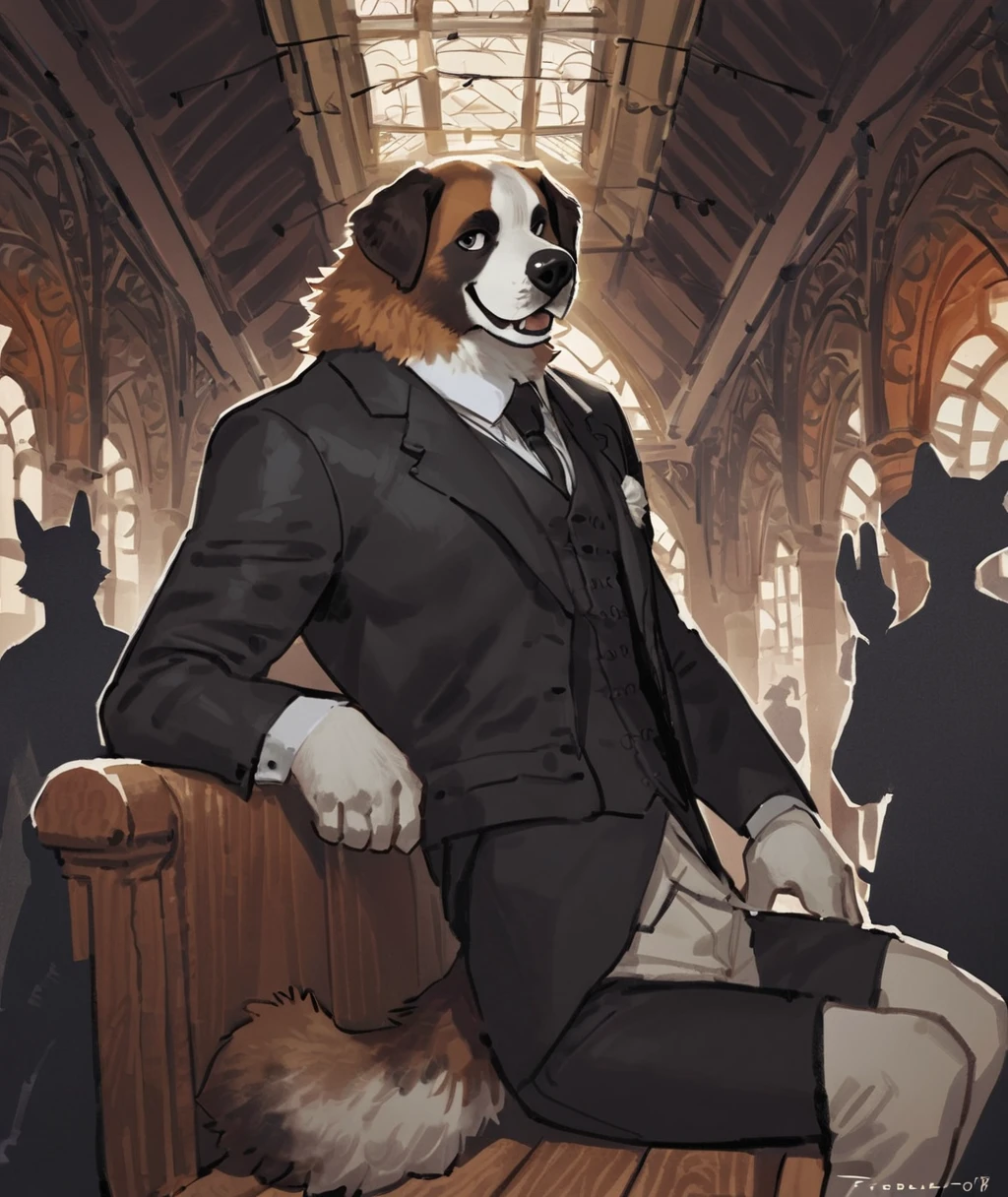 mammal, canine, saint bernard, male, marc simonetti, taran fiddler, mucknagabe, k0bit0wani, null-ghost, newest, ( masterpiece, best quality, highly detailed ), ( detailed anatomy, detailed face, detailed eyes, detailed body ), (detailed background, old train station), sitting on wooden bench, victorian suit, looking at viewer, smile, happy, (waving), crowd, (silhouette), side view