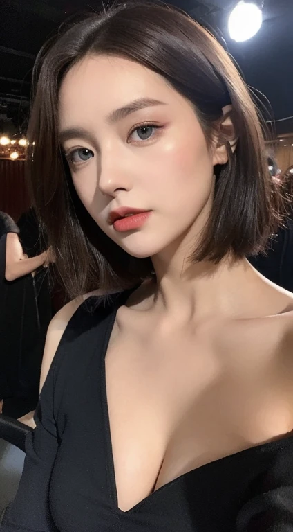 Skinny black top:1.2, Looking at the audience, light, perfect, Soft Light, High resolution skin:1.2, Realistic skin texture, Realistic face, Off-shoulder, Cleavage exposed, blue eyes, short hair, Dark brown hair、Small face、bust G cup、