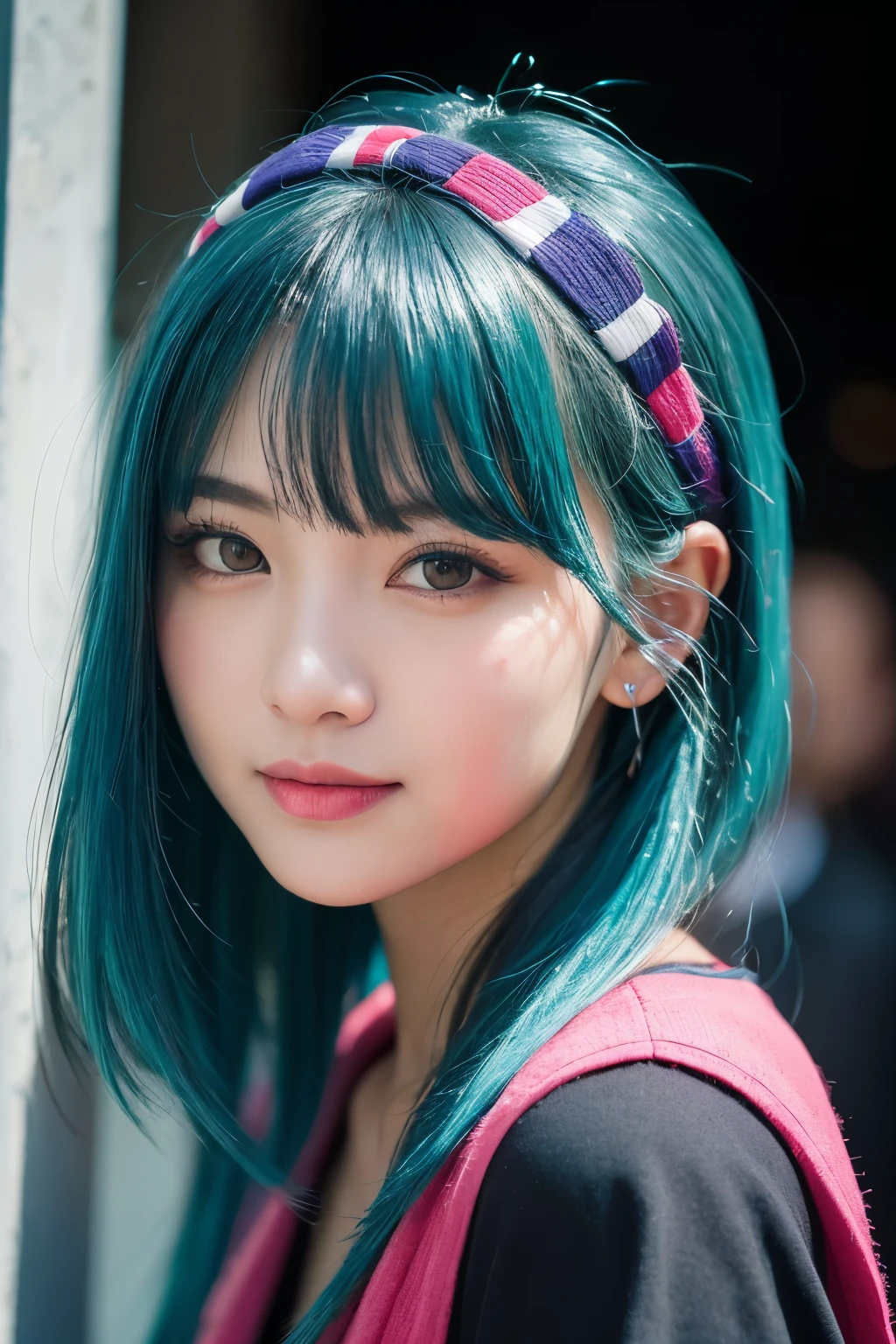high quality, High resolution, masterpiece, completion, detailed.impressive, Cutting-edge female photography portraits, Showcasing a bold and daring street-art style. Facing forward、A gentle smile、Soft look, cyan, and purple, Her vibrant makeup really catches the eye.. Her colorful hair is tied up high, Simple T-shirt、 Blue and pink hues in harmony. 背景には蛍光クロムイエローand purpleの魅惑的なグラデーションが施されています, Blends seamlessly with the dynamic colors of your subject. This powerful combination of hyper-detailed realism and artistic expression creates a vivid, An unforgettable image. The New York Times background adds sophistication and depth.