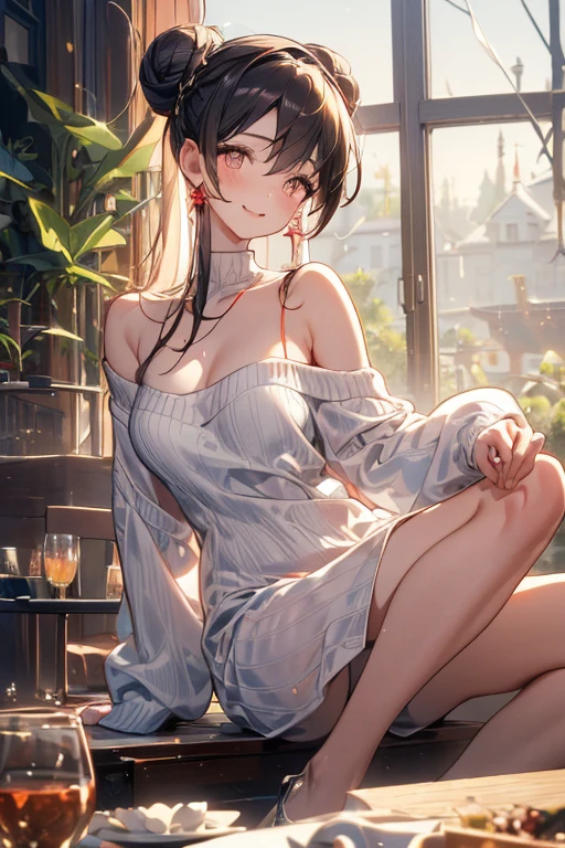 (((Masterpiece))),(((Super Detail))),(((in 8K))),(((best composition))),(((Rim lighting,Fireglow effect,deep shadow))),solo),Beautiful fingers,Detailed finger features,(Detailed hair features:1.7),(Dynamic and sexy bending pose:1.3),detailed facial features,detailed clothes features, (perky chest:1.1), (pointed chest:1.3), delicate beautiful face, Bright blue eyes, cute eyes, sparkling eyes, Big eyes, beautiful detailed eyes,double bun with glittering hair ornament:0.6,(super detailed glossy skin:1.3),slender body,goddess smile,((with sparkling eyes and a contagious smile)),beautiful posture,have a cup of coffee,black hair, red eyes, dress, bare shoulders, jewelry, collarbone, sidelocks, hairband, earrings, indoors, off shoulder, sweater, arms behind back, plant, short hair with long locks, white hairband, off-shoulder dress, sweater dress, off-shoulder sweater, red sweater, big side hair, very long side hair,(super delicate floral pattern:1.2),seductive cleavage:1.3,beautiful glossy legs,shiny red high heels,lifting dishes with cakesd,french restaurant,hustle and bustle,rising steam,(((depth of fields)))
