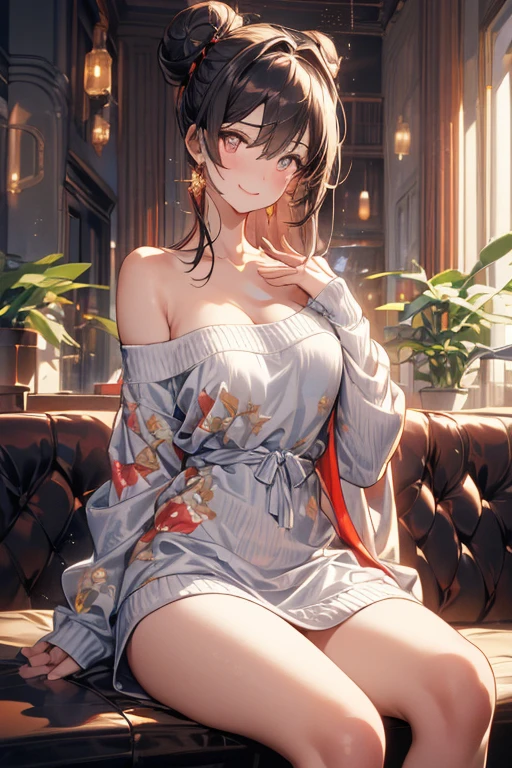 (((Masterpiece))),(((Super Detail))),(((in 8K))),(((best composition))),(((Rim lighting,Fireglow effect,deep shadow))),solo),Beautiful fingers,Detailed finger features,(Detailed hair features:1.7),(Dynamic and sexy bending pose:1.3),detailed facial features,detailed clothes features, (perky chest:1.1), (pointed chest:1.3), delicate beautiful face, Bright blue eyes, cute eyes, sparkling eyes, Big eyes, beautiful detailed eyes,double bun with glittering hair ornament:0.6,(super detailed glossy skin:1.3),slender body,goddess smile,((with sparkling eyes and a contagious smile)),beautiful posture,have a cup of coffee,black hair, red eyes, dress, bare shoulders, jewelry, collarbone, sidelocks, hairband, earrings, indoors, off shoulder, sweater, arms behind back, plant, short hair with long locks, white hairband, off-shoulder dress, sweater dress, off-shoulder sweater, red sweater, big side hair, very long side hair,(super delicate floral pattern:1.2),seductive cleavage:1.3,beautiful glossy legs,shiny red high heels,lifting dishes with cakesd,french restaurant,hustle and bustle,rising steam,(((depth of fields)))
