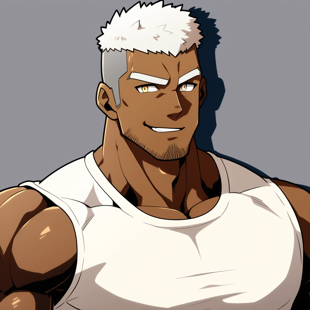 negro，negro，negro，anime characters：Gyee, Fitness coach, negro black skin, 1 muscular tough guy, Manliness, male focus, Cream White Sleeveless Tight T-Shirt, Very tight, The pectoral muscles are oversized, Slightly transparent, muscular male, muscular, only, Upper body, alone, White short hair, Thick eyebrows, stubble, Yellow eyes, Grey background, simple background, amazing quality, best aesthetics, Ridiculous, bright pupils, crew cut, parted lips, seductive smile, torogao, naughty face, drop shadow, best quality