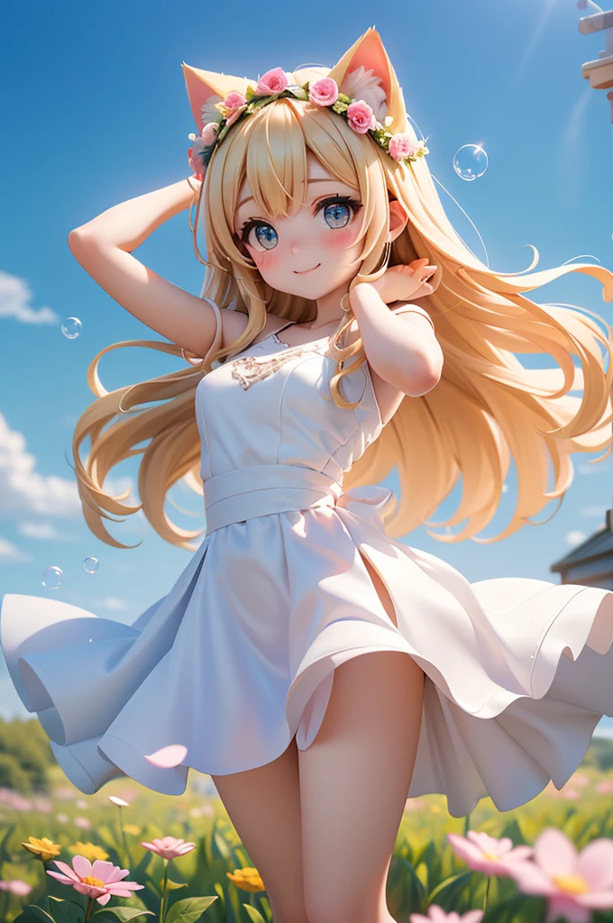 (Highest quality))、((masterpiece))、(detailed)、((soro girl)),masterpiece,best quality, high quality,ulutra detailed,Perfect Face、Daytime、Flower field background、((A voluminous flower crown))、Place both hands on head、((tall、woman、20th Generation、Cat ear、Sparkling Eyes、Blonde long hair)、、((high slit dress))、looking at viewer、good weather、smile、Many soap bubbles float、The wind is blowing、Petals fluttering、