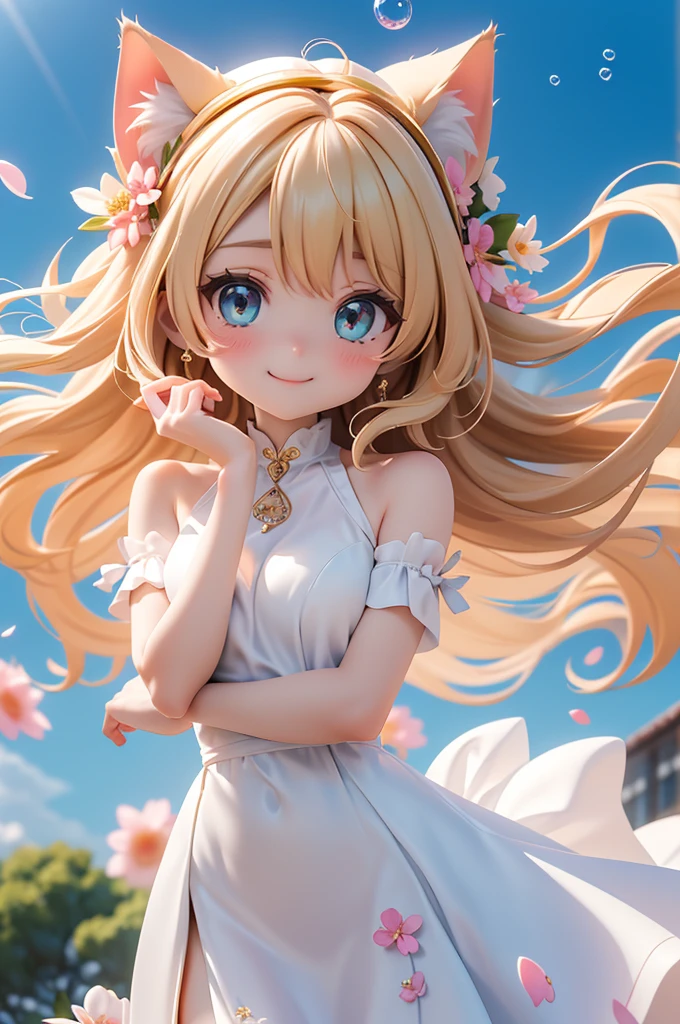 (Highest quality))、((masterpiece))、(detailed)、((soro girl)),masterpiece,best quality, high quality,ulutra detailed,Perfect Face、Daytime、Flower field background、((A voluminous flower crown))、Place both hands on head、((tall、woman、20th Generation、Cat ear、Sparkling Eyes、Blonde long hair)、、((high slit dress))、looking at viewer、good weather、smile、Many soap bubbles float、The wind is blowing、Petals fluttering、