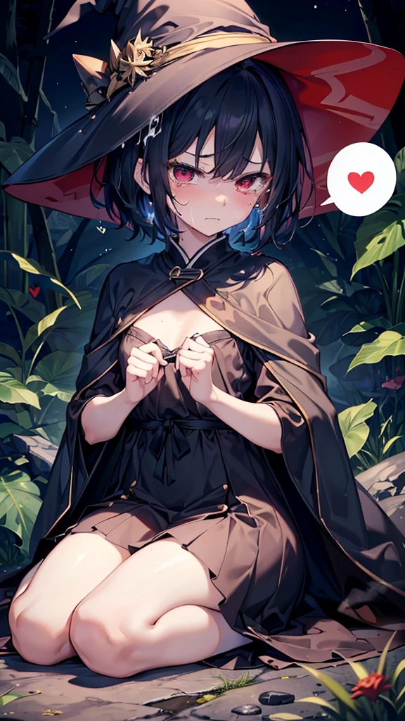 Highest quality、High resolution、masterpiece、The background is night、Night time、((midnight sky、forest、cave))、((夜のforest、Late Night、forest、Wizard、Long Robe、Long Skirt、Get your hands down、Landing on the elbow、witch、Witch Hat、Magic wand、Cape、On all fours、Overlooking、Short Hair))、Embarrassing、(((bukkake:1.5、cum on face、com on body)))、hair volume down，Are thin、Cleavage、nsfw，((spoken heart，cum on face:1.2、cum on body:1.2))、slim body，Slender、sad、very short hair:1.2、((、cum on body，Bukkake、facial))、、Zoom in、Zoom in、boyish:1.5、Black Hair、Red eyes、Embarrassed、(from above:1.3)、Steam throughout:1.3、((crying、、saliva:1.2))、(pain、Frowning)、((とてもboyish:1.2)、Very small breasts)、(Lolita、younger sister)、Straight Hair:1.3、、((Angry:1.3、Glare:1.3、))、small breasts:1.2、nsfw