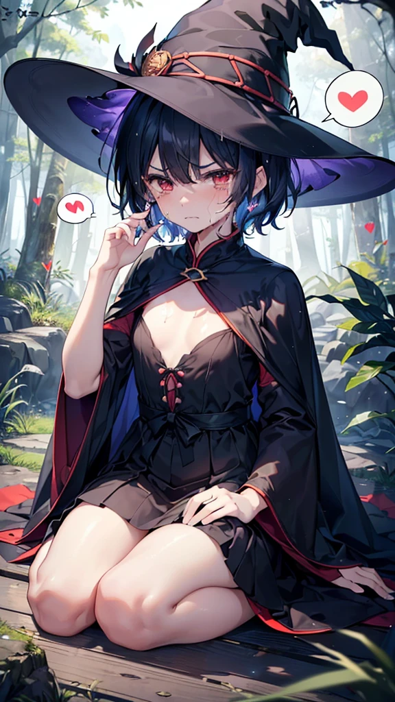 Highest quality、High resolution、masterpiece、The background is night、Night time、((midnight sky、forest、cave))、((夜のforest、Late Night、forest、Wizard、Long Robe、Long Skirt、Get your hands down、Landing on the elbow、witch、Witch Hat、Magic wand、Cape、On all fours、Overlooking、Short Hair))、Embarrassing、(((bukkake:1.5、cum on face、com on body)))、hair volume down，Are thin、Cleavage、nsfw，((spoken heart，cum on face:1.2、cum on body:1.2))、slim body，Slender、sad、very short hair:1.2、((、cum on body，Bukkake、facial))、、Zoom in、Zoom in、boyish:1.5、Black Hair、Red eyes、Embarrassed、(from above:1.3)、Steam throughout:1.3、((crying、、saliva:1.2))、(pain、Frowning)、((とてもboyish:1.2)、Very small breasts)、(Lolita、younger sister)、Straight Hair:1.3、15 years old、((Angry:1.3、Glare:1.3、))、small breasts:1.2、nsfw