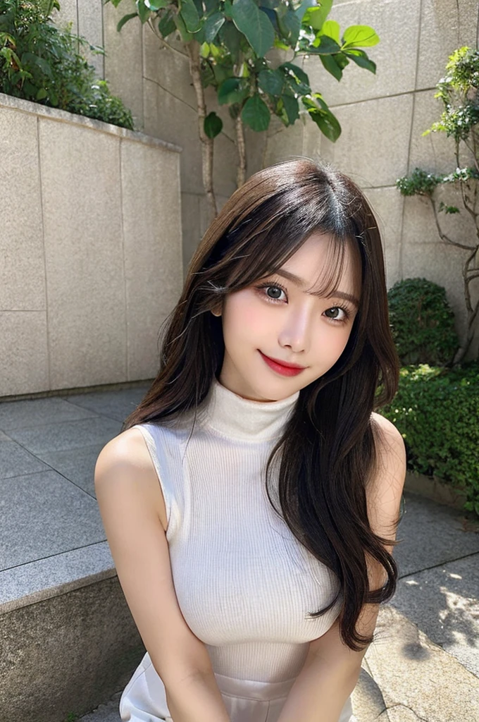 ((paisura))、Big Tits、 strap between breasts、double eyelid、big 、Highest quality, shape, Very detailed, Fine details, High resolution, 8k, Perfect dynamic composition, Beautiful details, ,Natural color lip, A shy smile,Beautiful 20 year old woman、The only person, Correct posture、Cute type、Looking into the camera、Turtleneck Sleeveless、Paisura、Black Hair