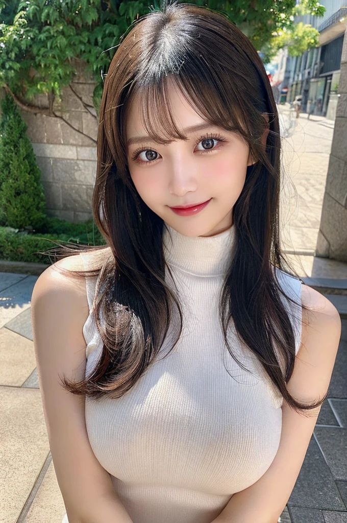 ((paisura))、Big Tits、 strap between breasts、double eyelid、big 、Highest quality, shape, Very detailed, Fine details, High resolution, 8k, Perfect dynamic composition, Beautiful details, ,Natural color lip, A shy smile,Beautiful 20 year old woman、The only person, Correct posture、Cute type、Looking into the camera、Turtleneck Sleeveless、Paisura、Black Hair