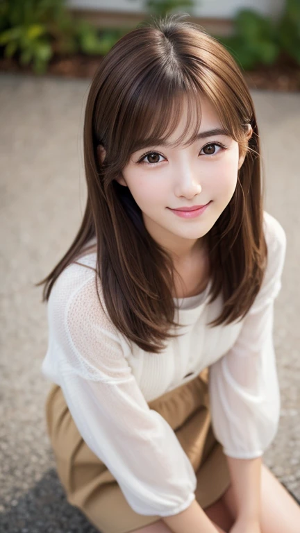 Brown Hair,Medium Hair,20-year-old female, Small nose, With the correct face, Cute natural smile, Japanese facial features, A clean and cute face, Cute realistic portrait, Asian Face, 8K Photo, Soft Makeup,Natural skin texture,Raw photo,Highest quality,Full Body Shot,(from above:1.1),