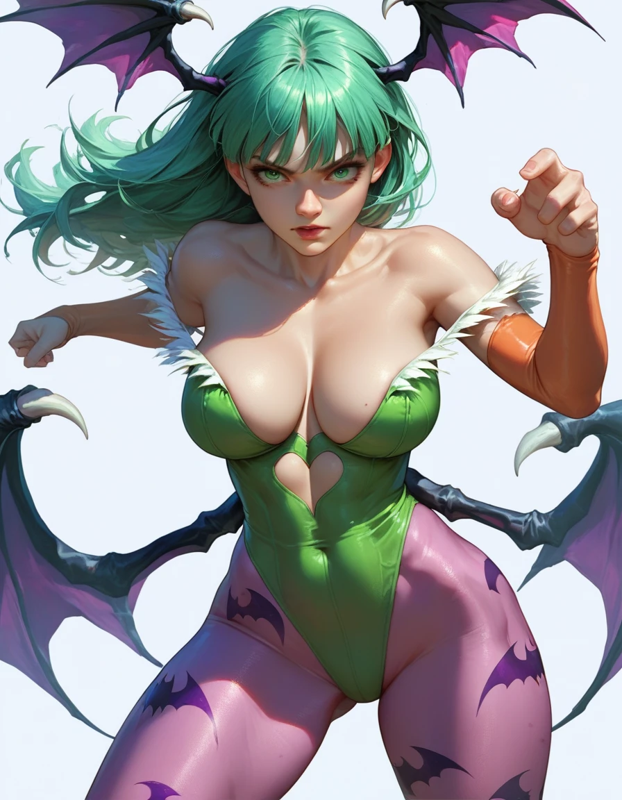 score_9, score_8_up, score_7_up, 1girl, morrigan_aensland, vampire_(game), 1girl, green_hair, green_eyes, voluptuous, cleavage, big breasts, looking at viewer, action pose, cowboy shot
