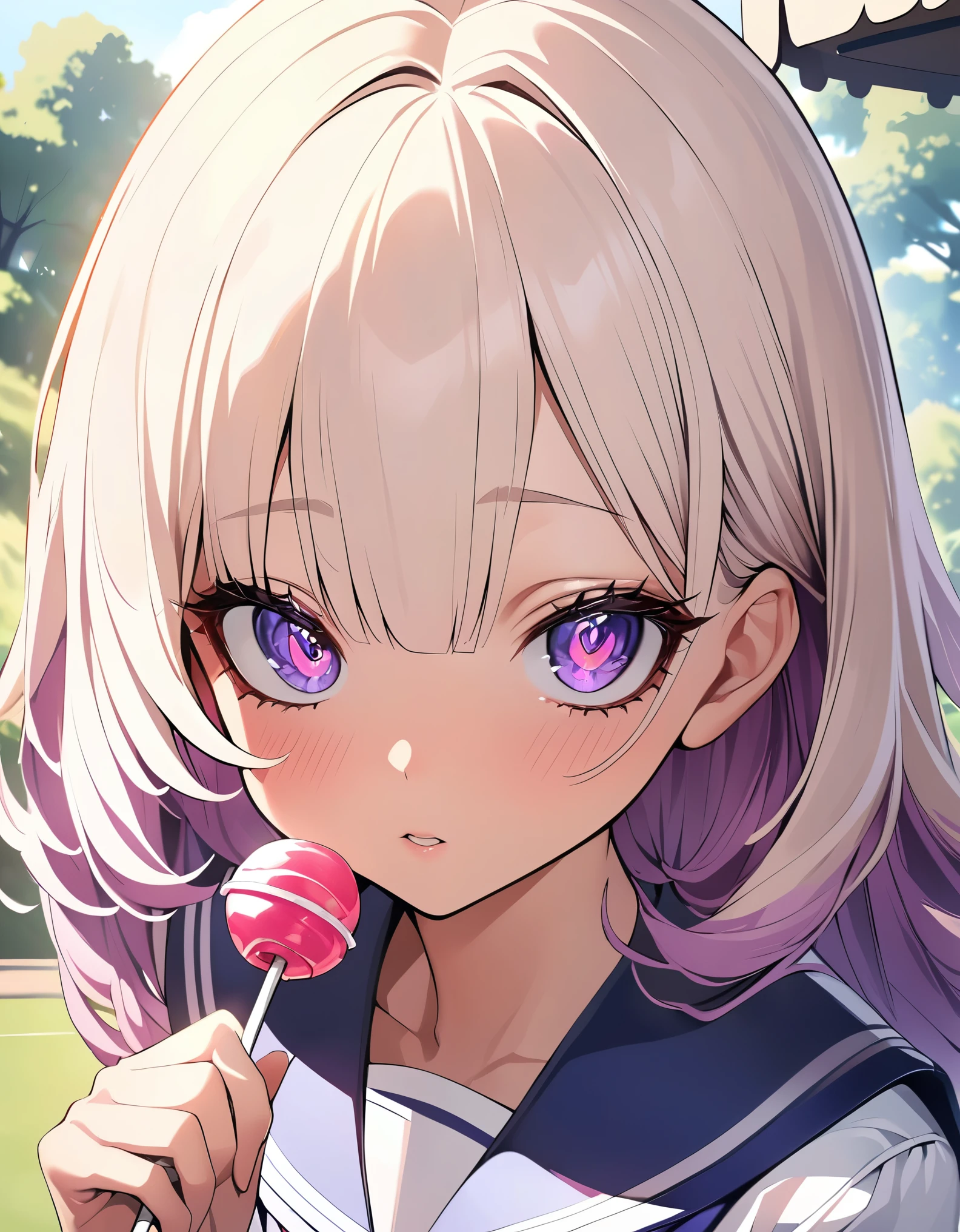 1 girl, JK, Sailor suit, 美味しそうにLollipopを舐める女性:1.3, Face Close Up:1.2, Lollipop, Lollipopを手に持って:1.4, Staring at the audience, Beautiful face, Shiny Hair, Long eyelashes, Detailed glowing eyes, Blushing, Beautiful illustrations, Natural light, at the park, wood々Background, Gazebo, Delicious footage, High resolution, masterpiece:1.2, High Detail, high quality.