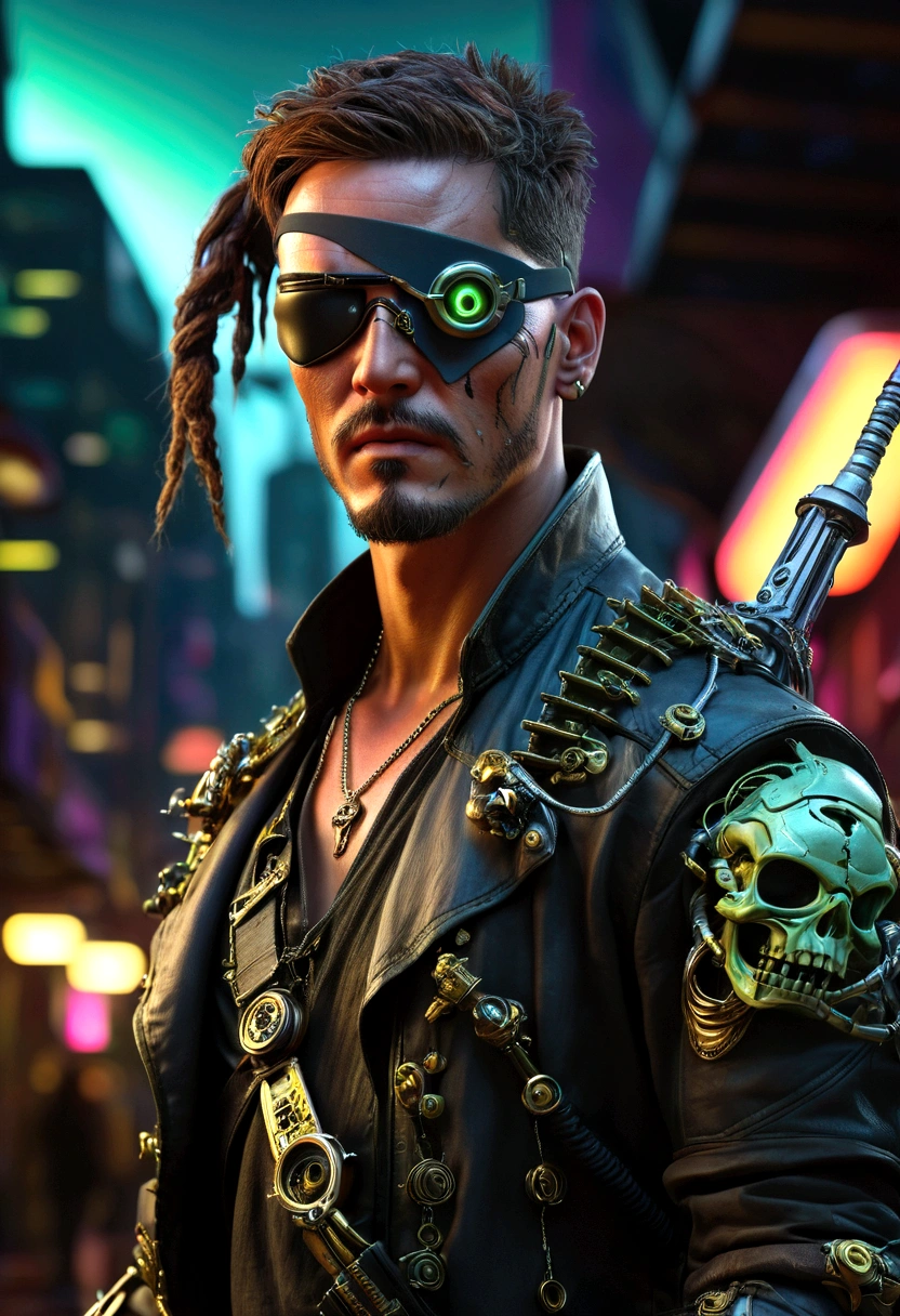 cyberpunk style, bio mechanical pirate, cybernetic arms and mantis blade, ((wearing a pirate styled eye patch)), highly detailed, hyperrealistic, intricate, sharp focus, 8k, masterpiece, photorealistic, chiaroscuro lighting, dramatic lighting, neon lights, glowing cybernetic implants, futuristic cityscape background, moody color palette, deep shadows