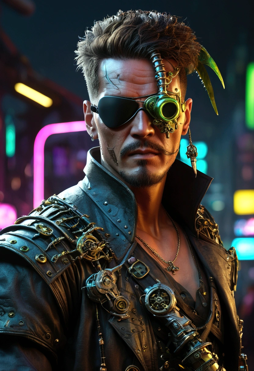 cyberpunk style, bio mechanical pirate, cybernetic arms and mantis blade, ((wearing a pirate styled eye patch)), highly detailed, hyperrealistic, intricate, sharp focus, 8k, masterpiece, photorealistic, chiaroscuro lighting, dramatic lighting, neon lights, glowing cybernetic implants, futuristic cityscape background, moody color palette, deep shadows