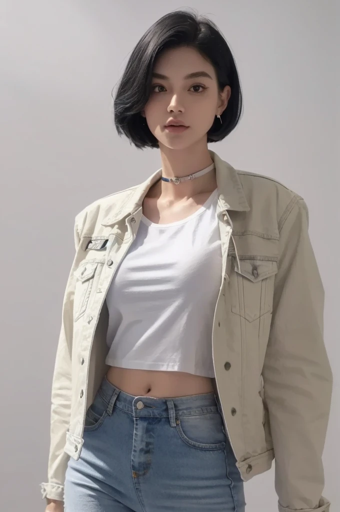 a 20yo, bob hair, wearing white tshirt and blue jeans jacket (color blue), smoothing tones, muted colors, high contrast, natural skin texture, hyperrealism, soft light, sharp. Standing. Closing mouth. Black choker, (White background). Good anatomy, perfect body, perfect fingers. Normal breast. Propotional compotition. plump body. 