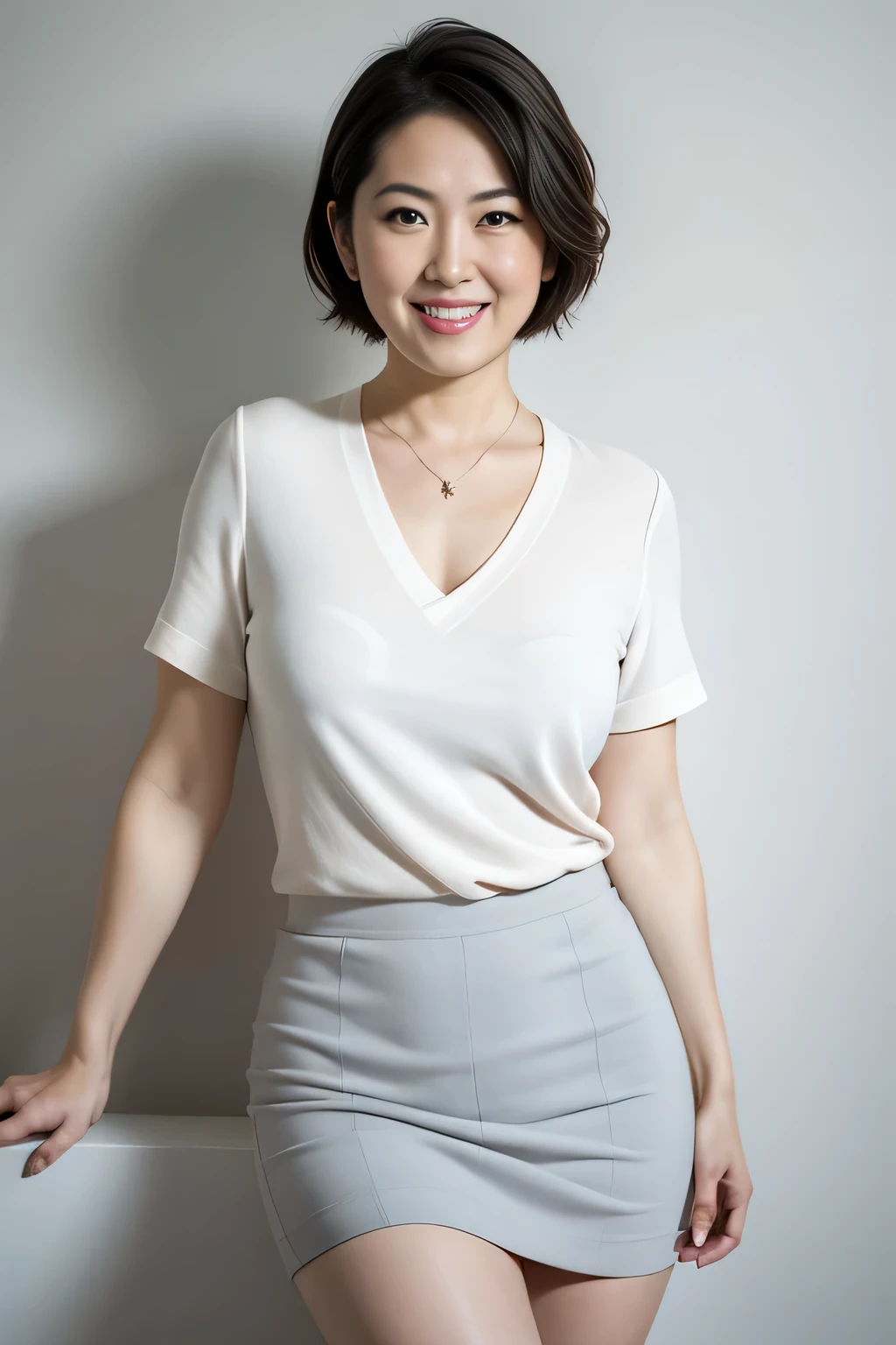 Realistic (masterpiece, Highest quality), Short-haired woman ,Japanese,Mature Woman,smile,Plain gray background,30 years old,whole body,Light clothing,Large Breasts,Emphasize the chest,mini skirt.Beautiful legs