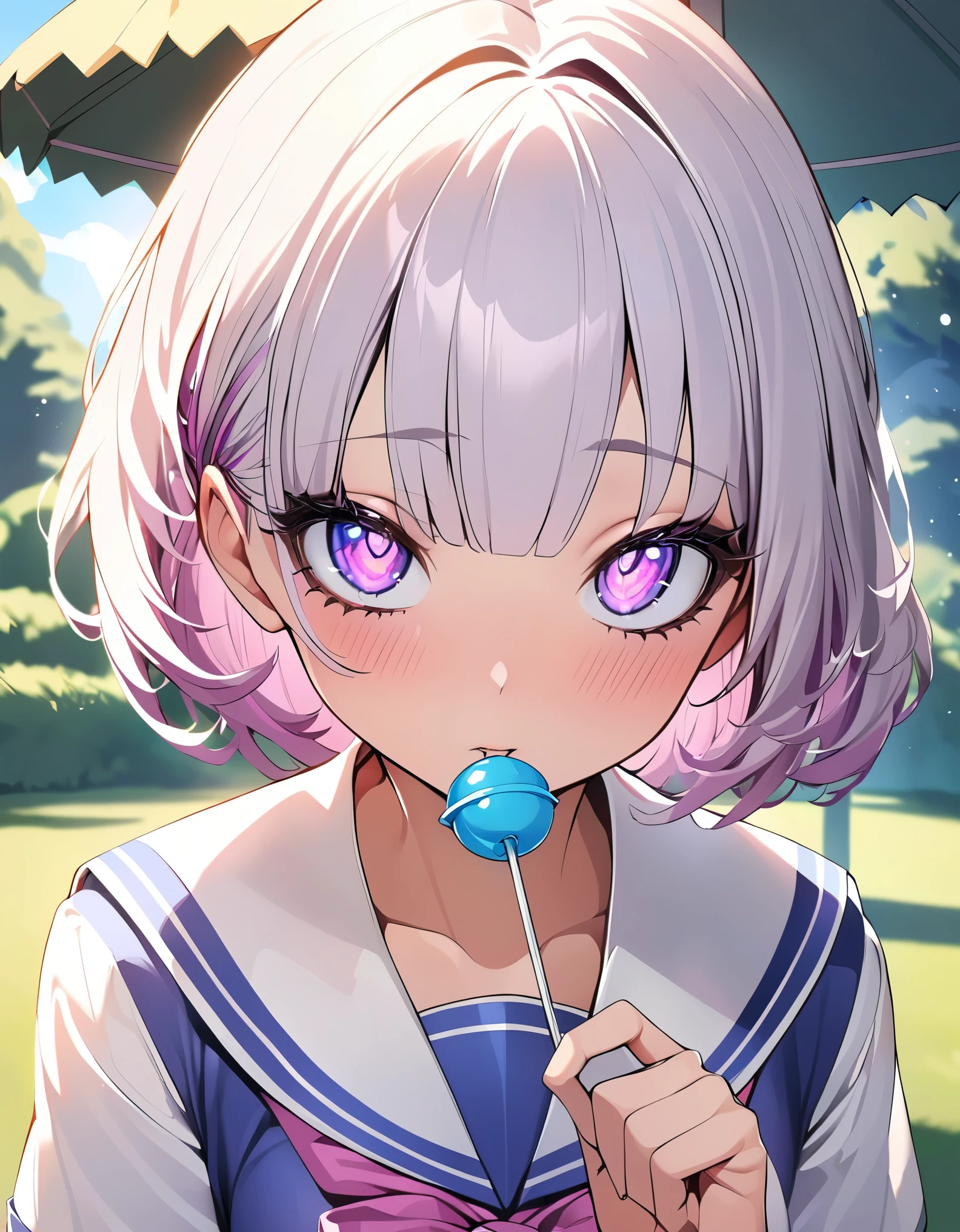 1 girl, JK, Sailor suit, 美味しそうにLollipopを舐める女性:1.3, Face Close Up:1.2, Lollipop, Lollipopを手に持って:1.4, Staring at the audience, Beautiful face, Shiny Hair, Long eyelashes, Detailed glowing eyes, Blushing, Beautiful illustrations, Natural light, at the park, wood々Background, Gazebo, Delicious footage, High resolution, masterpiece:1.2, High Detail, high quality.