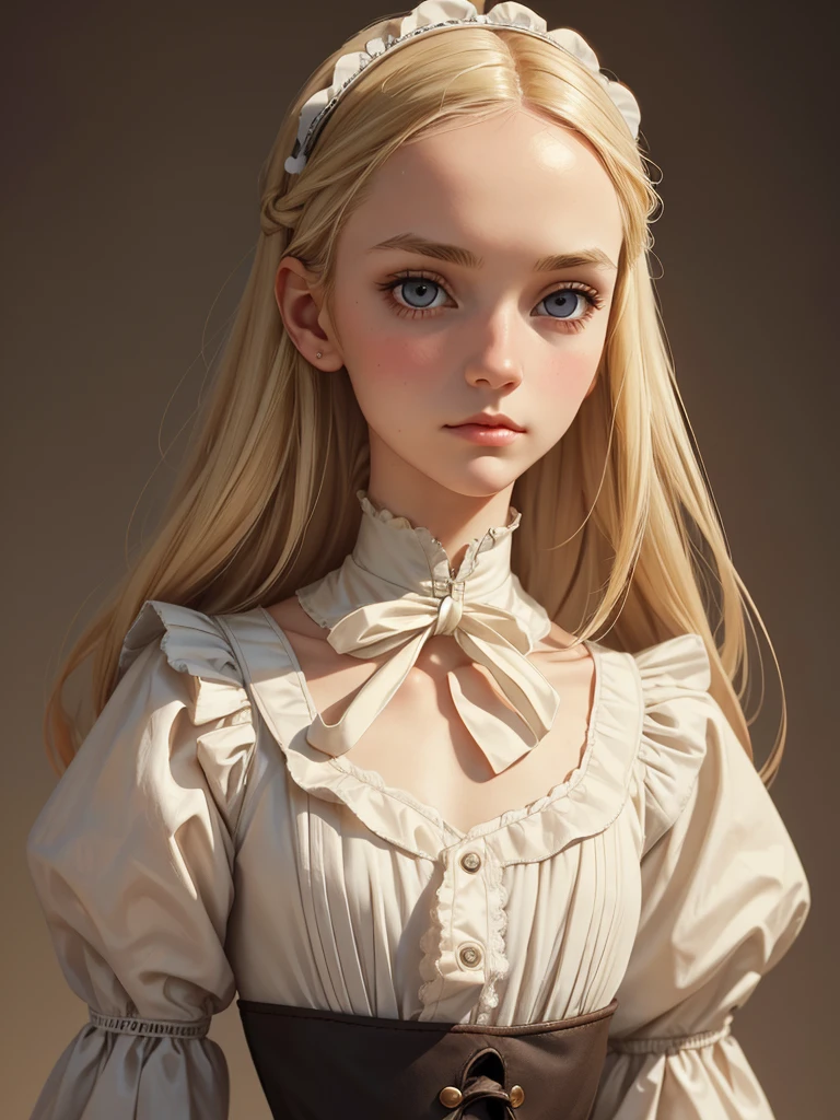 (best quality), 1girl, female, porcelain skin, blonde hair, straight hair, medium hair, swoopy tips, Flipped-up ends, brown eyes, perfect eyes, slender, victorian maid, small bust, shy, masterpiece, anatomically correct, highres