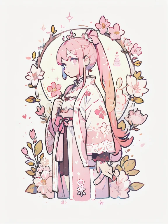 highest quality、4K、1 person、-yeld gievening、garden、Cat Eyes、A girl , oasis, Brush sticker, Double Ponytail, Triple White, Tartan,Pastel pink gradient hair,, White Background、Perfect Anatomy、traditional chinese national costume