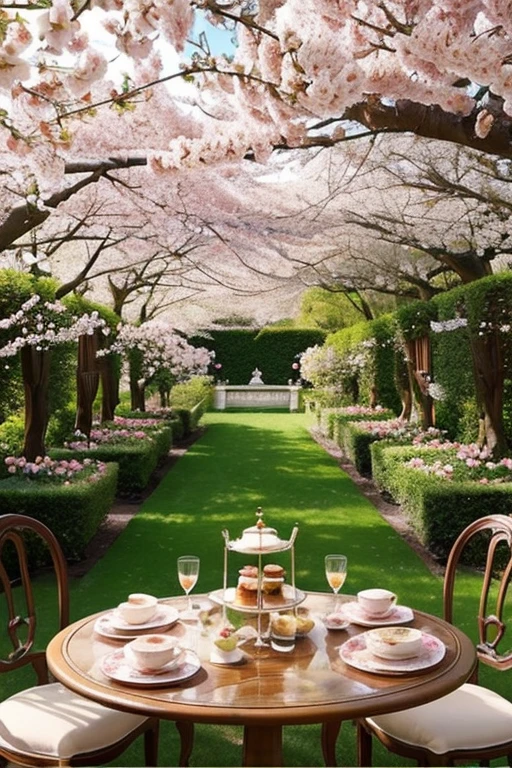 Indulgent afternoon tea、Antique table、English Garden、Terrace full of blooming roses、Transparent glass、wood々The sunlight shining through the gaps is beautiful.、Afternoon light shines in、Lots of flowers々、Secret Garden、A world in dreams、Surrounded by pink flowers、Cherry blossoms in full bloom、