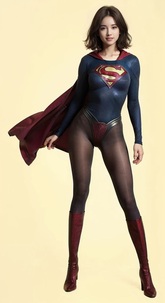 No background、(((Beautiful legs in black tights.)))、(((Legally express the beauty of your smile)))、((((Make the most of your original images)))、(((体にぴったりフィットするSupergirl Costume)))、(((Supergirl Costume)))、(((Beautiful Short Hair)))、(((She is winking cutely.)))、(((Please wear black tights....、Wear red boots)))、((Best image quality、8k))、((Highest quality、8k、masterpiece:1.3))、(((Preserve background )))、Sharp focus:1.2、Beautiful woman with perfect figure:1.4、Slim Abs:1.2、Wet body:1.5、Highly detailed face and skin texture、8k