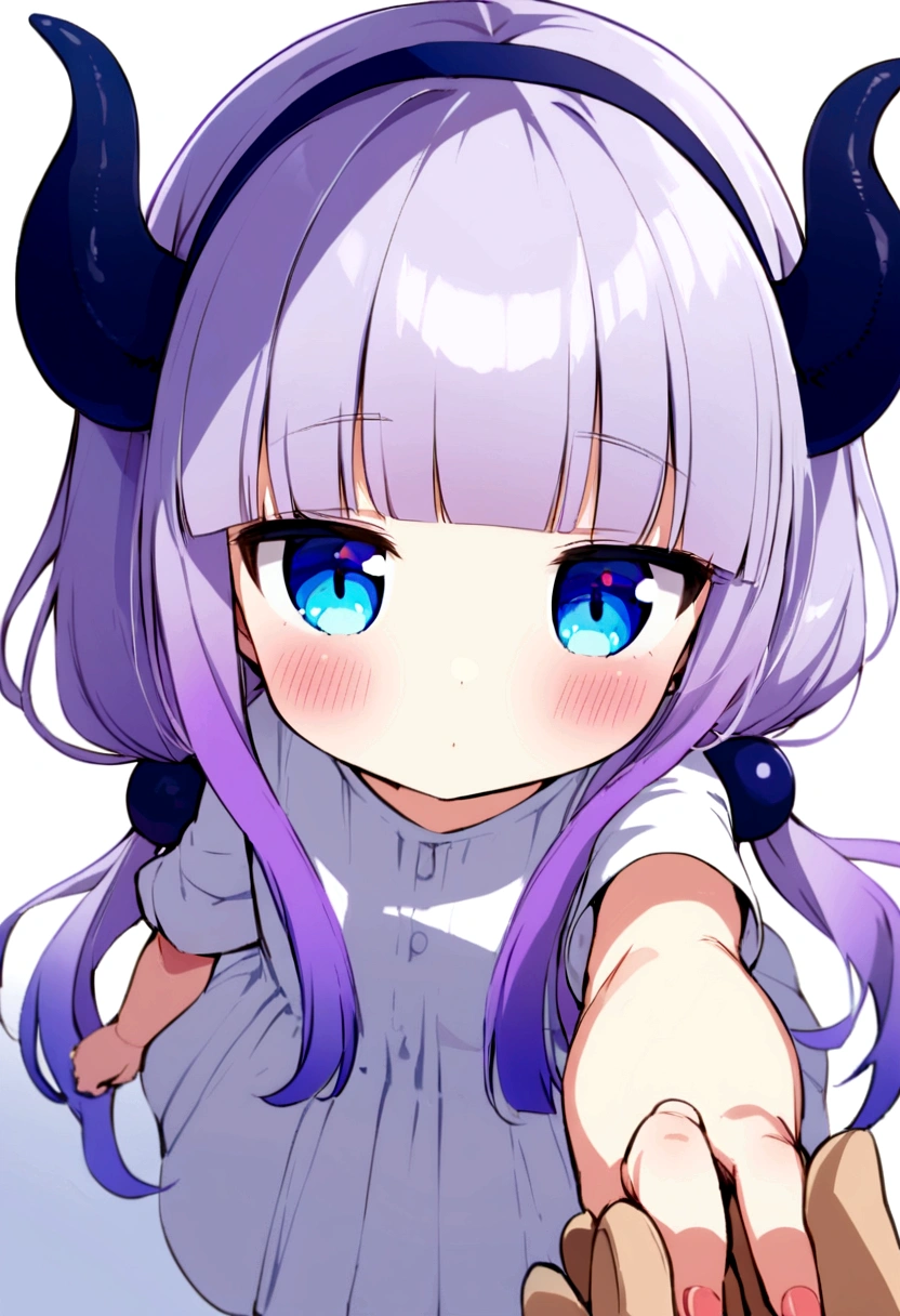  {kanna_kamui_kobayashisanchinomaidragon:1.15}, long_hair, light_purple_hair, blue_eyes, hair_ornament, bangs, blush, multicolored_hair, twintails, blunt_bangs, hair_beads, beads, hairband, gradient_hair, low_twintails, horns, dragon_horns, purple_hair,child's build,bird's-eye view,extend one's arm,Grab my hand.
