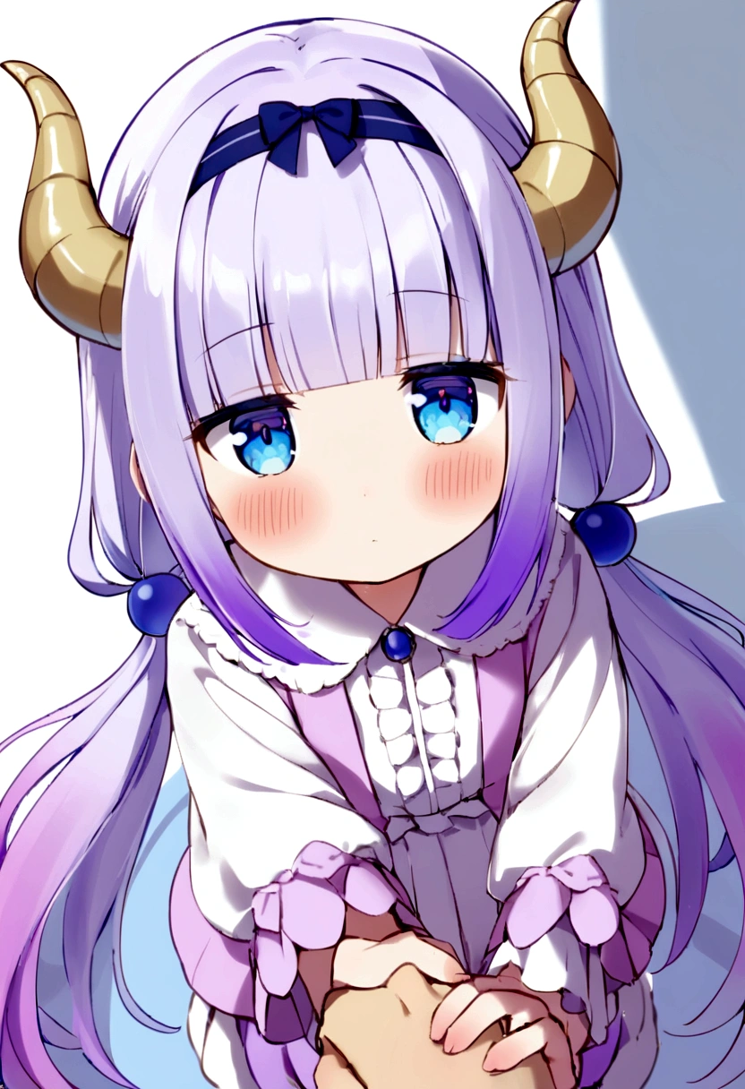 {kanna_kamui_kobayashisanchinomaidragon:1.15}, long_hair, light_purple_hair, blue_eyes, hair_ornament, bangs, blush, multicolored_hair, twintails, blunt_bangs, hair_beads, beads, hairband, gradient_hair, low_twintails, horns, dragon_horns, purple_hair,child's build,bird's-eye view,extend one's arm,Grab my hand.