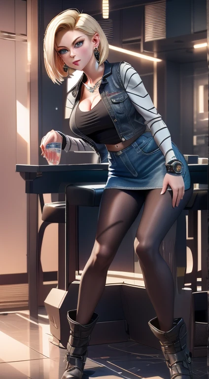 and 18， 1 Girl， Android 18， solo，Android 18 database， （（（blond， Blue eyes， Short and delicate hair，Earrings and Nipple Rings， Jewel-like， Blue Denim Vest， Open the vest，Black pantyhose， Black shirt， Blue denim skirt， Striped long sleeves，Smiling，confidence））），((masterpiece)),high resolution, ((best quality))，masterpiece，Top quality，Best quality，（（（ Looking at the audience, There is light in the eyes））），（（（Light and shadow intertwine，White skin，Huge breasts））），（（（No overwriting，Official，身穿牛仔裙和高跟鞋的blond女子摆姿势拍照, Casual posture, Cyberpunk 2000. Model Girl, Semi-realistic rendering, Realistic lighting, high detail iconic character, Reality content, very detailed character, at the bar, (Virus) Work, Realistic shadows perfect body, at the bar里, Ultra-detailed, photorealistic realism ）））((Full and soft breasts,)))(((Large Breasts))) (((Cleavage)))