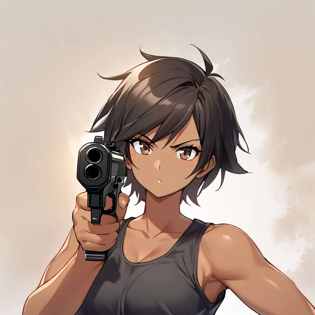 1 girl, tomboy, black hair, short hair, dark skin brown eyes, tanktop, mature, using gun