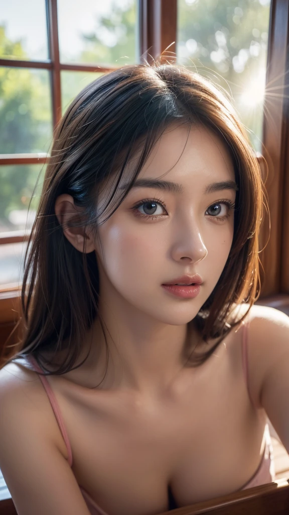 Highest quality、8k傑作、Ultra-high resolution、(Photorealistic:1.3)、RAW Photos、1 person、Brown hair short bob、Glowing Skin、1 personの超美人女子大生、((Ultra-Realistic Details))、Portrait、Global Illumination、Shadow、Octane Rendering、8k、Super sharp、Very intricate details、Realistic Light、CGSoation Trend、Beautiful Eyes、Shining Eyes、To the camera、White shirt、sheer、blush、Cleavage