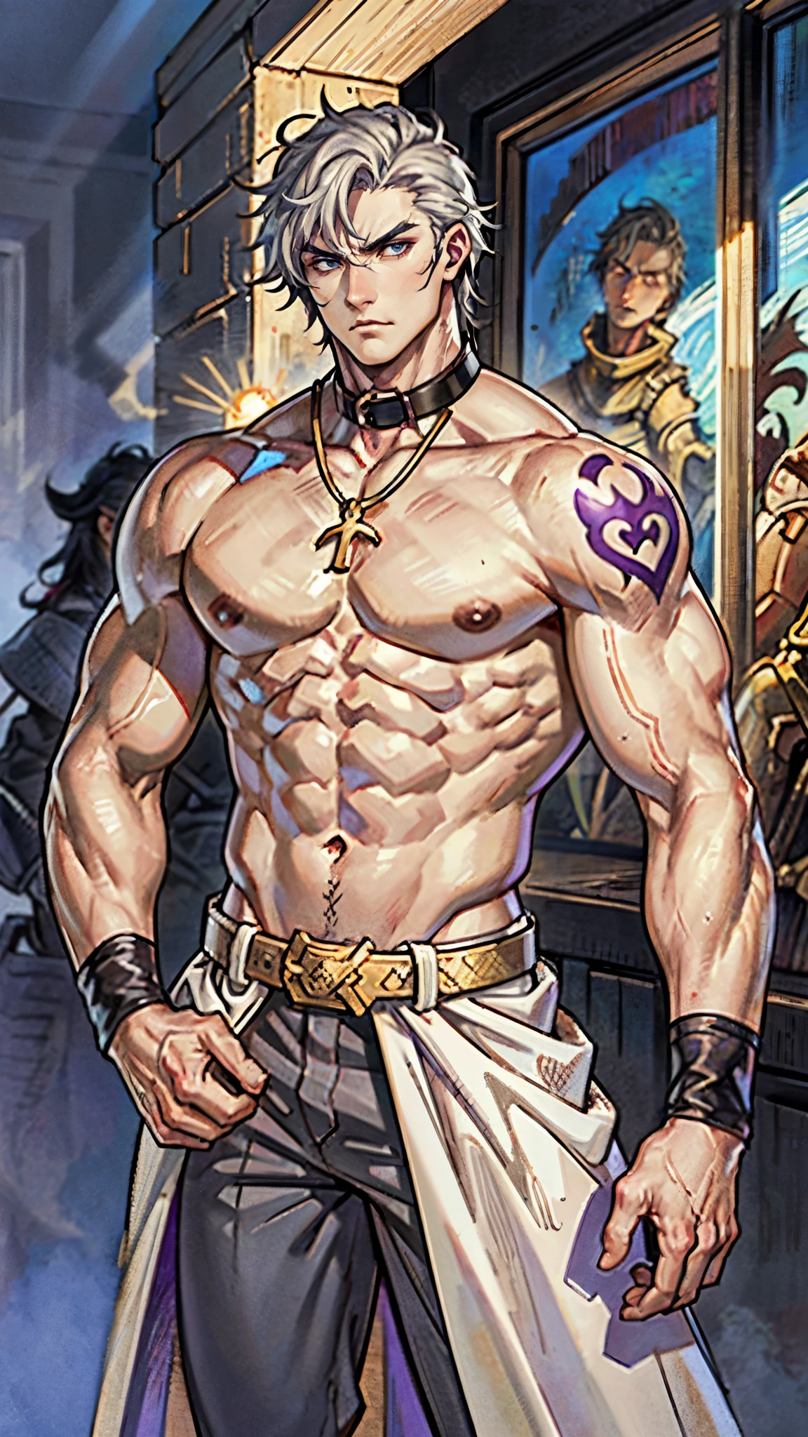 A young man with short gray hair, completely white skin, pale skin, resolute eyes, handsome face, serious expression, a metal collar around his neck, his upper body is bare, a slender yet muscular build, a purple demon tattoo is on his left shoulder, a black and white belt, cloth trousers, emitting a purple aura, he stands in a mining valley, the ground around him glowing red and cracking open, this character embodies a finely crafted fantasy-style slave warrior in anime style, exquisite and mature manga art style, dramatic, high definition, best quality, highres, ultra-detailed, ultra-fine painting, extremely delicate, professional, perfect body proportions, golden ratio, anatomically correct, symmetrical face, extremely detailed eyes and face, high quality eyes, creativity, RAW photo, UHD, 32k, Natural light, cinematic lighting, masterpiece-anatomy-perfect, masterpiece:1.5