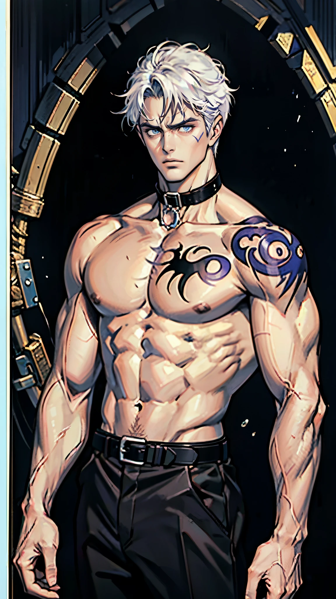 A young man with short gray hair, completely white skin, pale skin, resolute eyes, handsome face, serious expression, a metal collar around his neck, his upper body is bare, a slender yet muscular build, a purple demon tattoo is on his left shoulder, a black and white belt, cloth trousers, emitting a purple aura, he stands in a mining valley, the ground around him glowing red and cracking open, this character embodies a finely crafted fantasy-style slave warrior in anime style, exquisite and mature manga art style, dramatic, high definition, best quality, highres, ultra-detailed, ultra-fine painting, extremely delicate, professional, perfect body proportions, golden ratio, anatomically correct, symmetrical face, extremely detailed eyes and face, high quality eyes, creativity, RAW photo, UHD, 32k, Natural light, cinematic lighting, masterpiece-anatomy-perfect, masterpiece:1.5