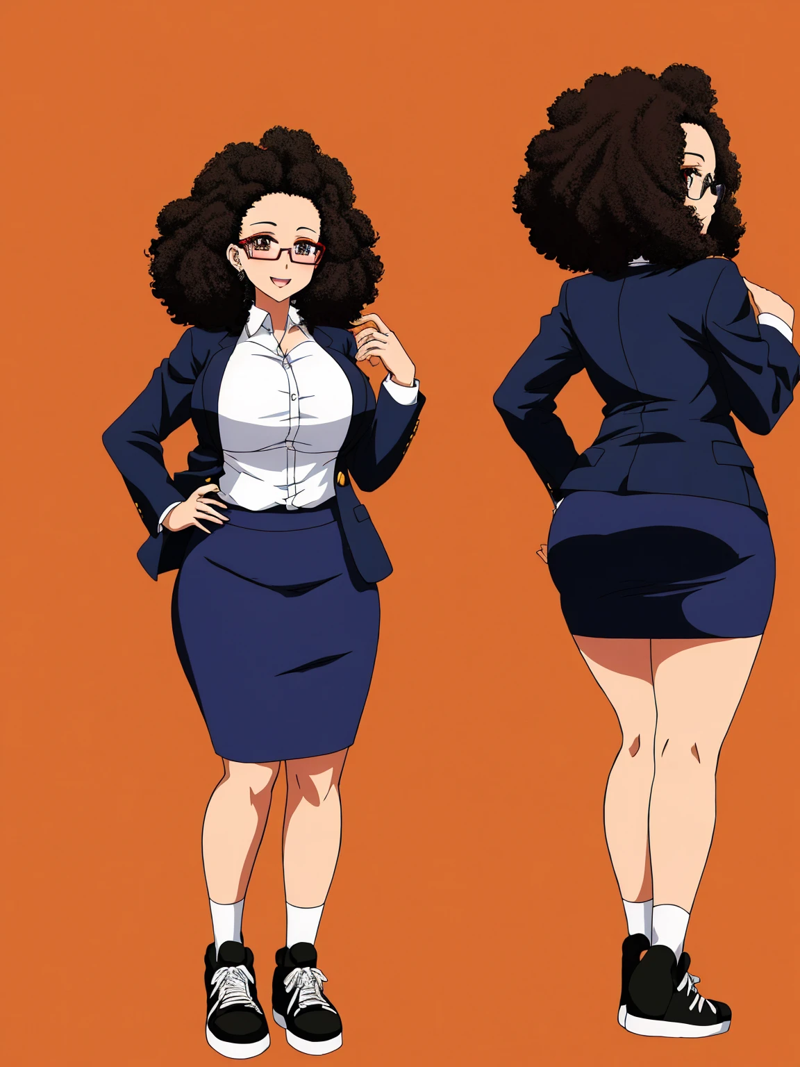 Anime Women、Highest quality:1.2),Detailed face, Lady、Glasses、Afro、Curly hair、Forehead、Big Breasts, Big Ass, Blazer 、skirt、sneakers、whole body