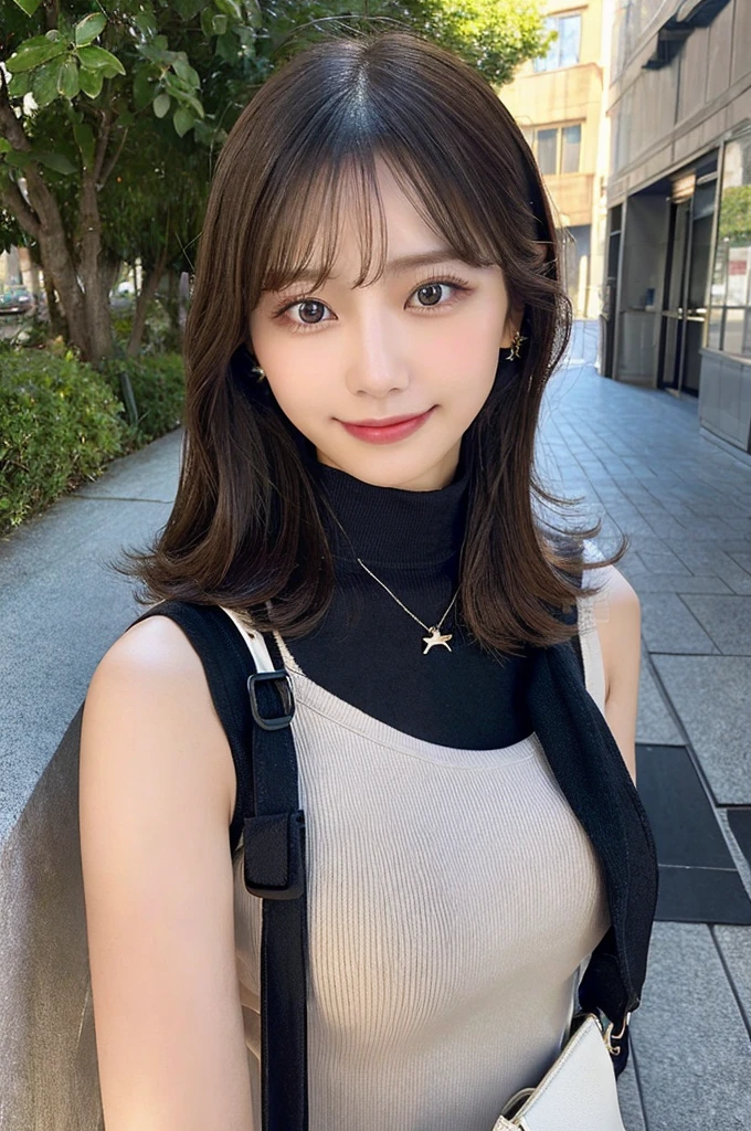 ((paisura))、Big Tits、crossbody, strap between breasts、double eyelid、big 、Highest quality, shape, Very detailed, Fine details, High resolution, 8k, Perfect dynamic composition, Beautiful details, ,Natural color lip, A shy smile,Beautiful 20 year old woman、The only person, Correct posture、Cute type、Looking into the camera、Turtleneck Sleeveless、Paisura、Hold the strap of your bag between your chest、One bag、Black Hair