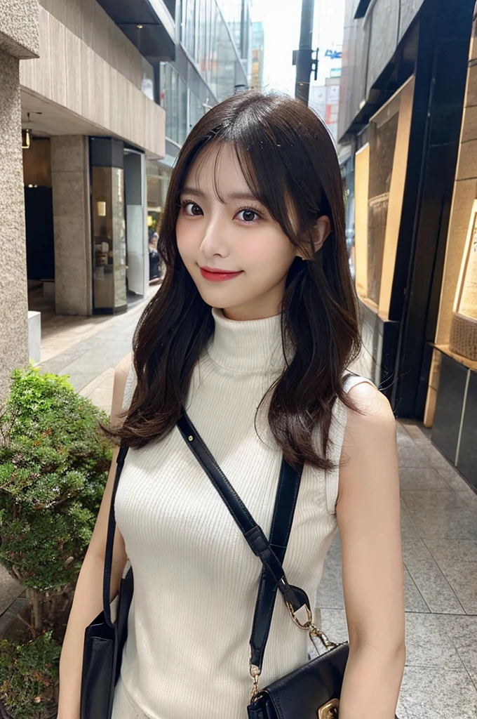 ((paisura))、Big Tits、crossbody, strap between breasts、double eyelid、big 、Highest quality, shape, Very detailed, Fine details, High resolution, 8k, Perfect dynamic composition, Beautiful details, ,Natural color lip, A shy smile,Beautiful 20 year old woman、The only person, Correct posture、Cute type、Looking into the camera、Turtleneck Sleeveless、Paisura、Hold the strap of your bag between your chest、One bag、Black Hair