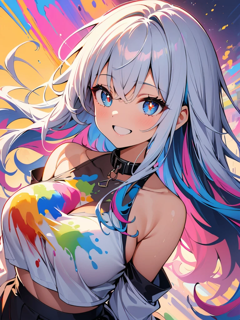 (high quality, 8k, 4K, High Contrast, masterpiece:1.2, 最high quality, Best aesthetics), (Dynamic Angle), ((floating, paint)), alone,1 female, ((big_chest)), (((Detailed face))), ((beautiful and Detailed face)), collar, Bare shoulders, Silver Hair, Colorful cropped tops, ((Colorful Hair)), ((Striped Hair)), (Messy Hair, Long Hair), Fine and beautiful eyes, (Star-shaped pupil, +_+, Pupil in the shape of a symbol, Sparkling eyes), (Open your mouth, smile), (((Colorful background, Ink splash:1.2))), (High color saturation), Surrounded by colorful splashes:1.3, Surrounded by colorful dots, Colorful Bubbles, The Shining,