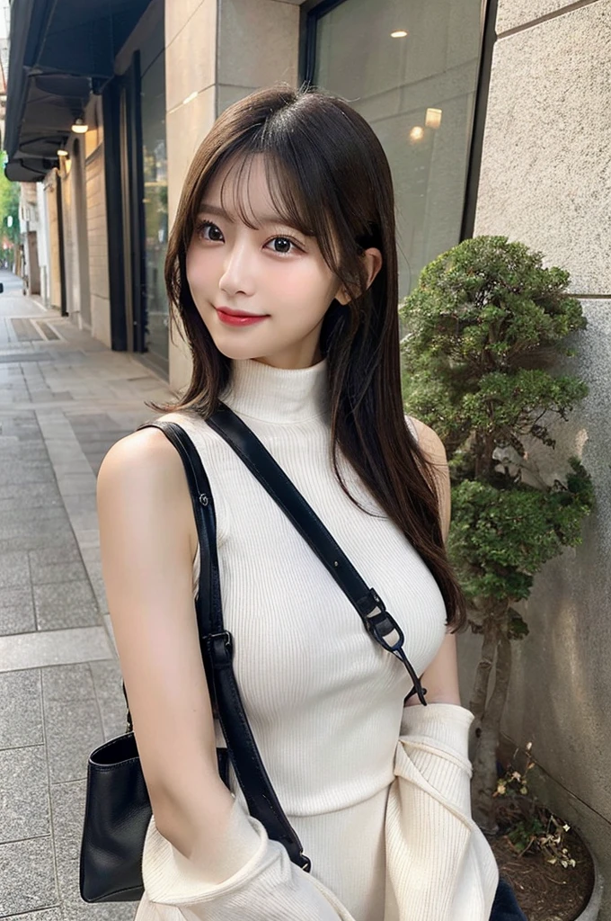 ((paisura))、Big Tits、crossbody, strap between breasts、double eyelid、big 、Highest quality, shape, Very detailed, Fine details, High resolution, 8k, Perfect dynamic composition, Beautiful details, ,Natural color lip, A shy smile,Beautiful 20 year old woman、The only person, Correct posture、Cute type、Looking into the camera、Turtleneck Sleeveless、Paisura、Hold the strap of your bag between your chest、One bag、Black Hair