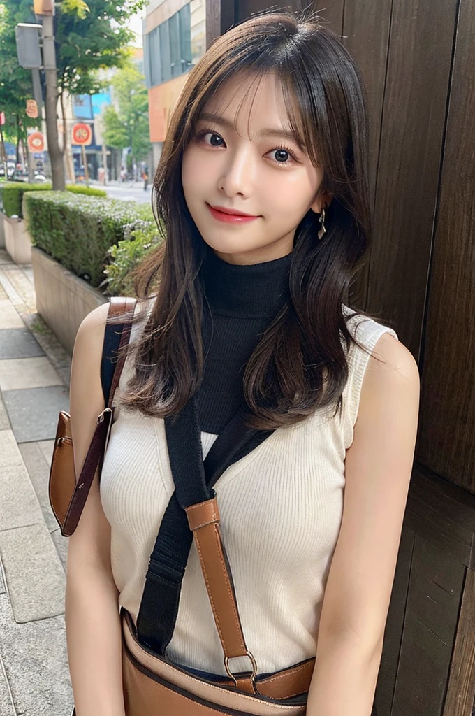 ((paisura))、Big Tits、crossbody, strap between breasts、double eyelid、big 、Highest quality, shape, Very detailed, Fine details, High resolution, 8k, Perfect dynamic composition, Beautiful details, ,Natural color lip, A shy smile,Beautiful 20 year old woman、The only person, Correct posture、Cute type、Looking into the camera、Turtleneck Sleeveless、Paisura、Hold the strap of your bag between your chest、One bag、Black Hair
