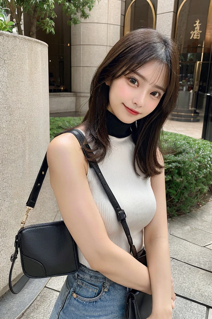 ((paisura))、Big Tits、crossbody, strap between breasts、double eyelid、big 、Highest quality, shape, Very detailed, Fine details, High resolution, 8k, Perfect dynamic composition, Beautiful details, ,Natural color lip, A shy smile,Beautiful 20 year old woman、The only person, Correct posture、Cute type、Looking into the camera、Turtleneck Sleeveless、Paisura、Hold the strap of your bag between your chest、One bag、Black Hair
