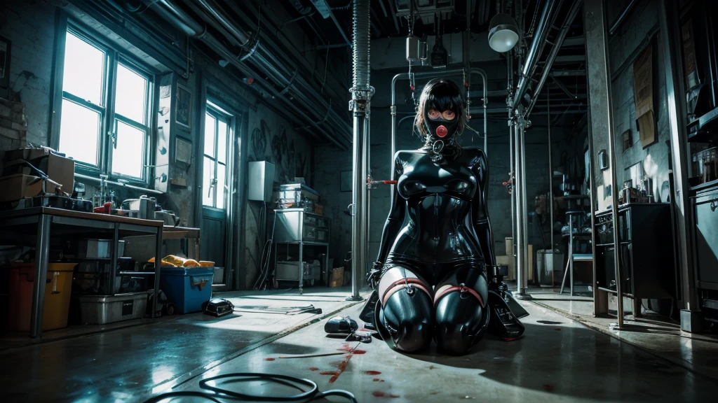 Meisterwerk, best quality, Filmstandbild, 1 girl with a complete latex face mask, Wissenschaftliches Experiment, (Nahaufnahme:0.8), Oxygen tubes, Blood tubes, Glaskolben, sanfte Beleuchtung, bizarr, (Bauhausarchitektur:1.0)