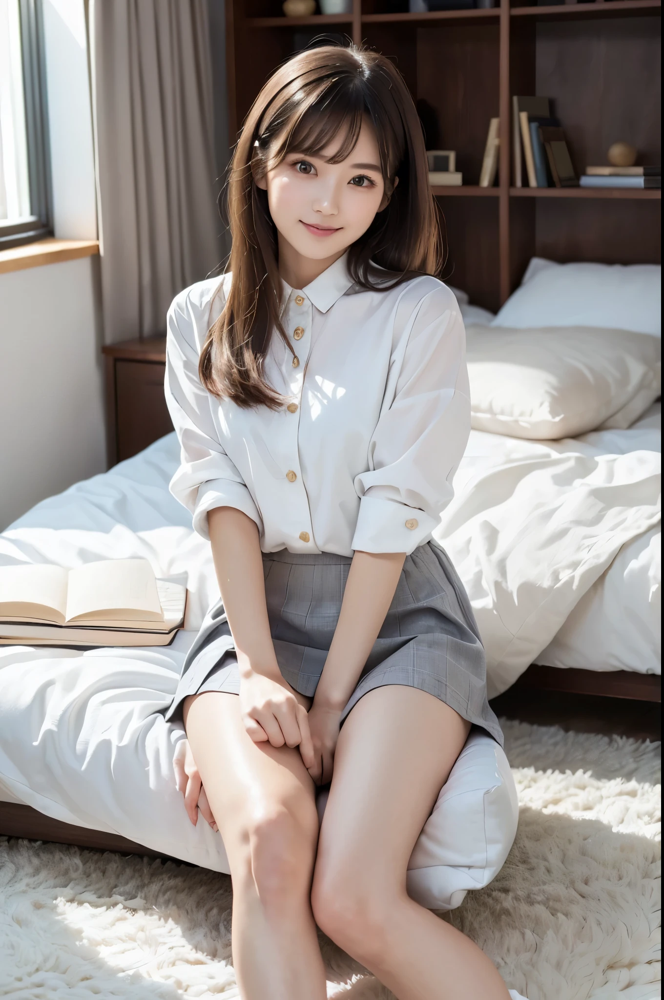 (Highest quality、masterpiece:1.9)、((Neat and clean female college student、1 person))、Soft lighting by a professional photographer、Natural light、((Very spacious white luxurious room:1.6))、((Bright white room:1.6))、(Sitting on a very luxurious white bed:1.2)、(White Bookcase:1.1)、Natural soft light、((Brown Hair:1.1))、Fair skin、Detailed Eyes、double eyelid、Slightly puffy cheeks、((Small Face:1.0))、((Checked one-piece shirt、Grey mini skirt、Please wear it with the chest open.:1.2))、(smile)、((Girly pose 1.8))、High resolution,、((Long Hair:1.2))、((Full Body Shot:1.2))、Live-action image quality、((Height: 150cm))、Hands in front、Hide your hands between your legs、(No bangs:1.1)、