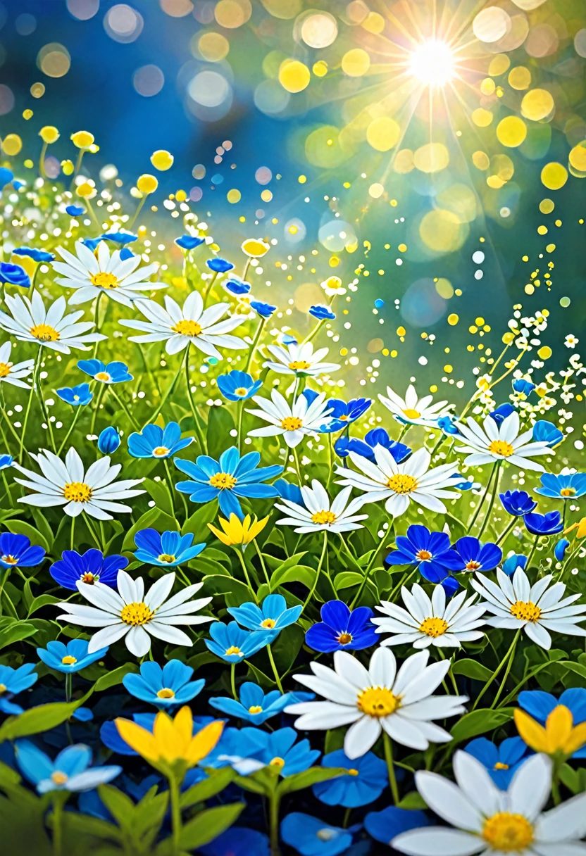 A serene blend of white, blue, and colorful flowers intertwined with the beauty of nature.