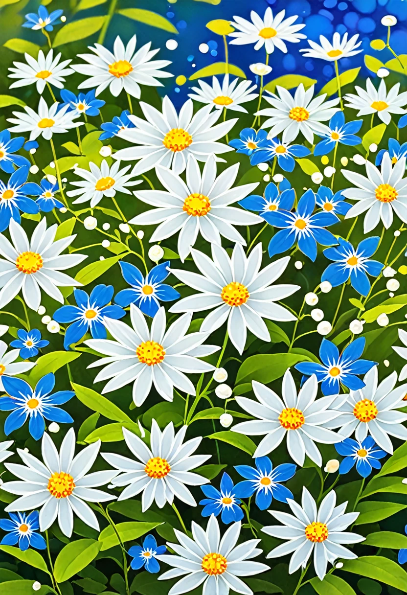 A serene blend of white, blue, and colorful flowers intertwined with the beauty of nature.