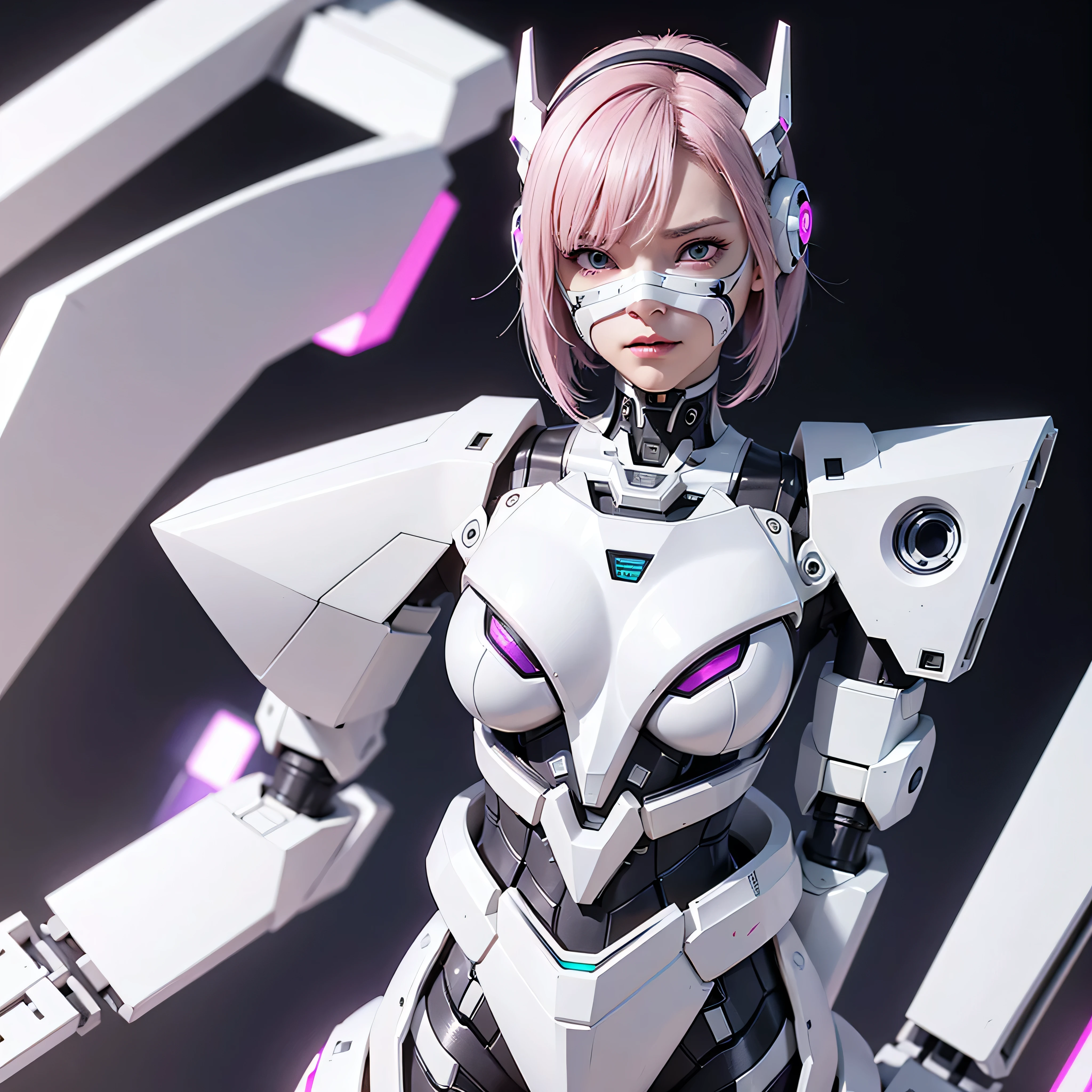 a girl with a full white cyborg body, featuring sleek and high-tech components. She has short pink hair, purple eyes, and an angry expression. She is wearing a robot mask that partially obscures her face, with her polished mechanical limbs and torso emphasizing her intense emotions. ((white robot mecha masker)), ((white cyborg body))